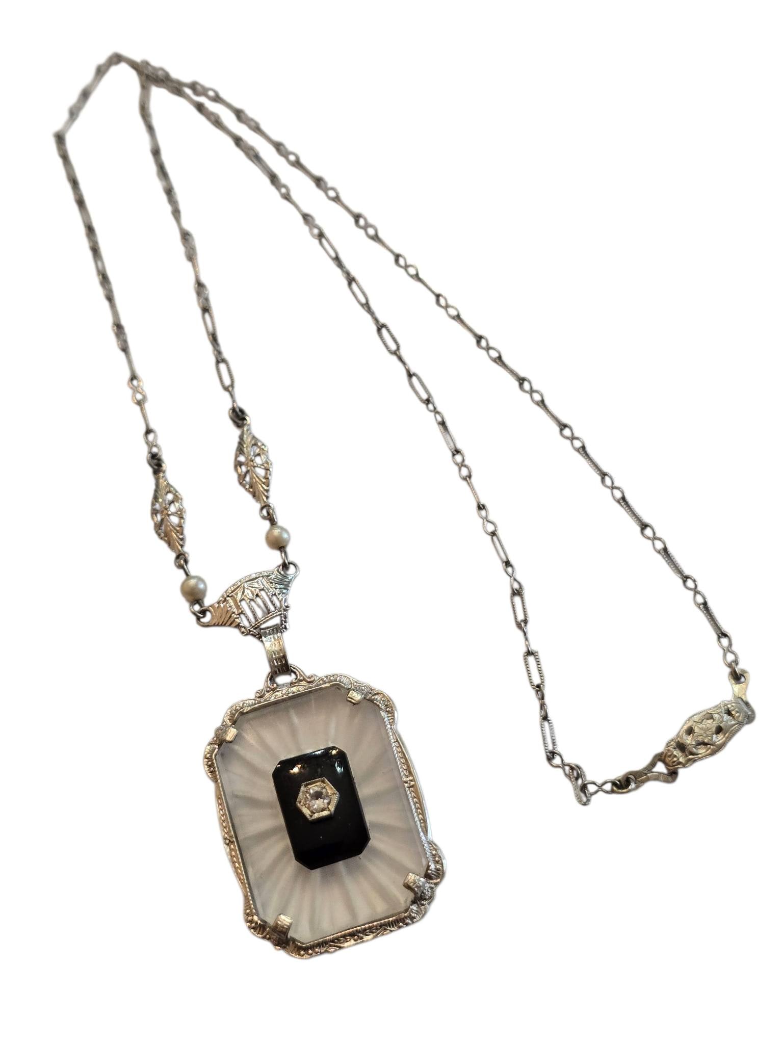 STUNNING RHODIUM PLATED ART DECO CAMPHOR GLASS NECKLACE: STUNNING RHODIUM PLATED ART DECO CAMPHOR GLASS NECKLACE. 19" APPROXIMATELY, ART DECO CLASP, PAPER CLIP CHAIN