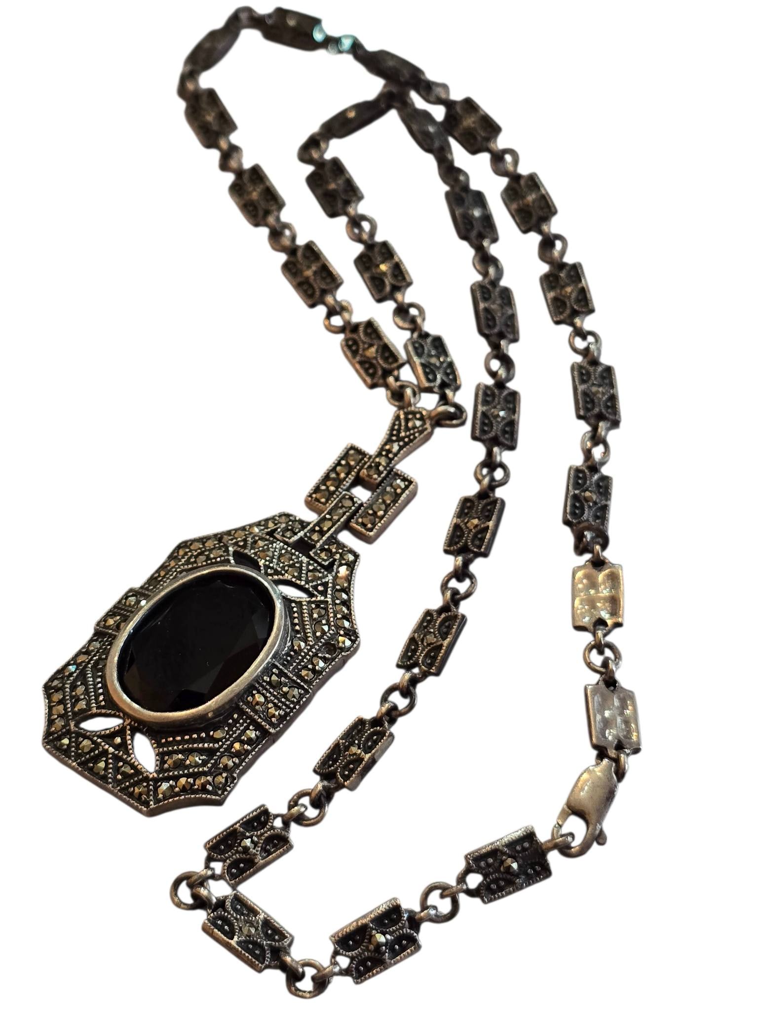 SIGNED " STERLING VINTAGE " GLASS AND MARCASITE NECKLACE (1 of 3)