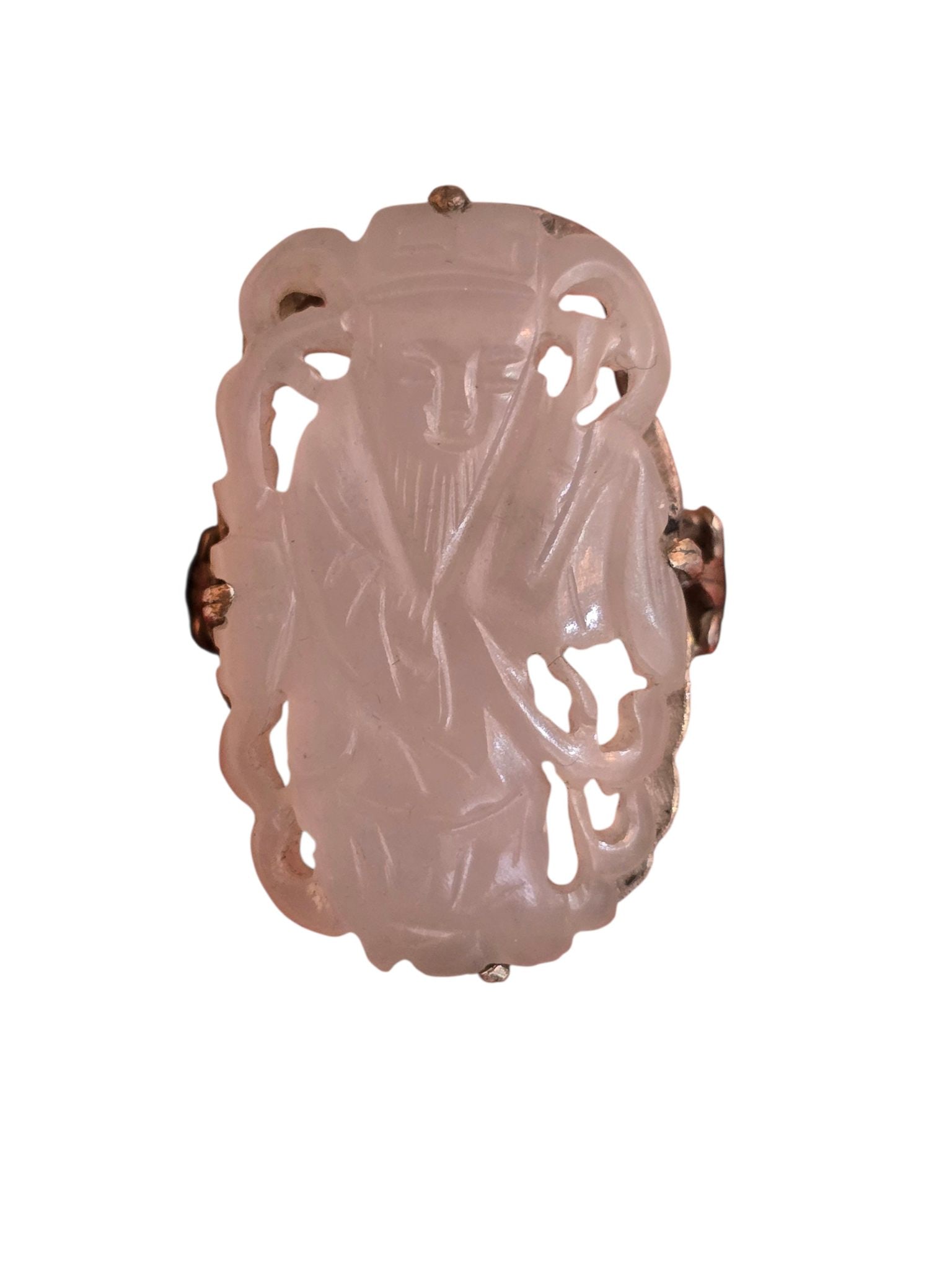 ANTIQUE CHINESE EXPORT JADE GLASS CARVED STERLING ADJUSTABLE RING: ANTIQUE CHINESE EXPORT JADE GLASS CARVED STERLING ADJUSTABLE RING. THERE IS ASIAN WRITING ON THE INSIDE OF THE SHANK, SHANK IS STERLING, STONE LOOKS LIKE JADE, BUT TESTS AS GLASS, SHANK WAS TESTED AND