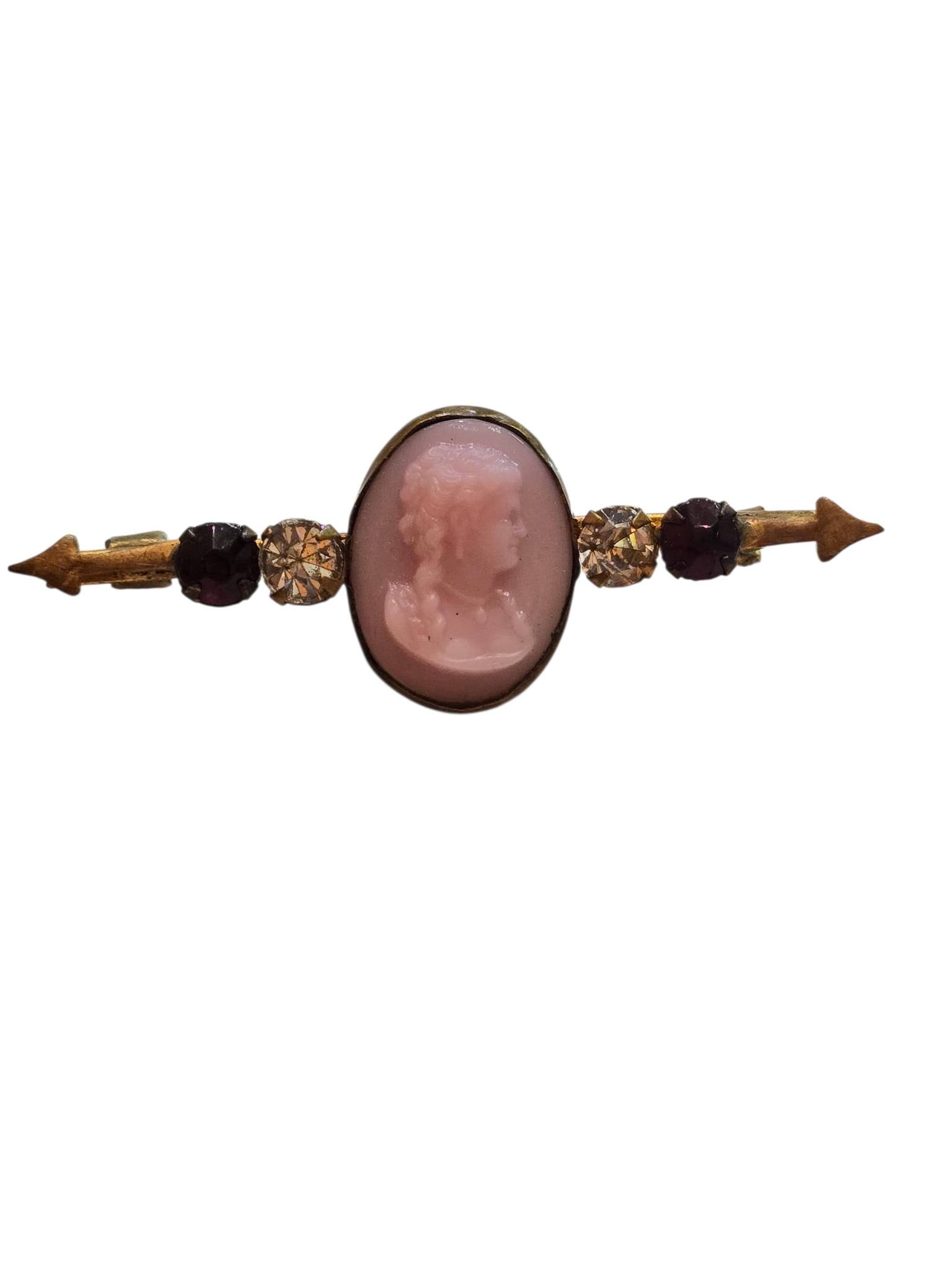 ANTIQUE VICTORIAN PINK CONCH SHELL AND PASTE BAR PIN: ANTIQUE VICTORIAN PINK CONCH SHELL AND PASTE BAR PIN MADE OF BRASS, C-CLASP, 2"