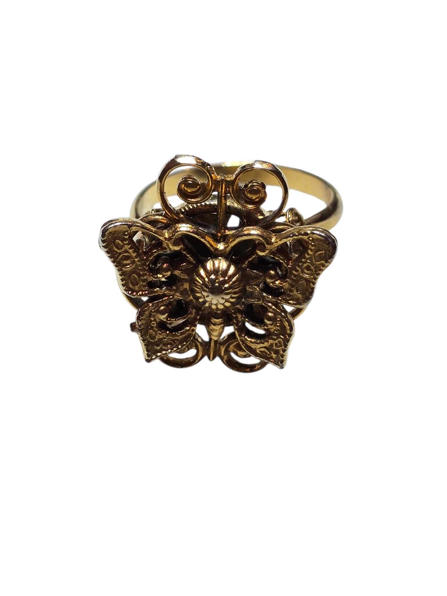 NOS VINTAGE 60S ADJUSTABLE BUTTERFLY RING: NOS VINTAGE 60S ADJUSTABLE BUTTERFLY RING. THIS CAME FROM A RETIRED ANTIQUE DEALER’S STOCK, NEVER WORN, WHEN I GOT ABOUT 100 ASST RINGS FROM THEM. THE SHANK GOES TO A LITTLE OVER A 7", BUT IT CAN BE