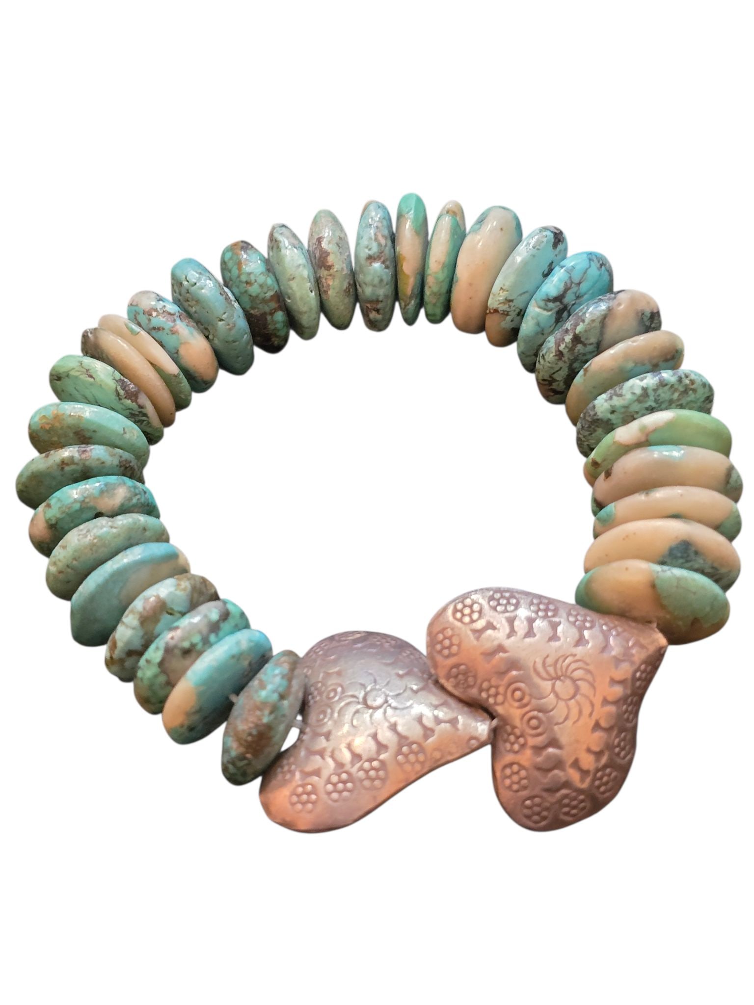 VINTAGE TURQ HEISHI BEADED STRETCH BRACELET WITH ETCHED STERLING SILVER DOUBLE HEART: VINTAGE TURQ HEISHI BEADED STRETCH BRACELET WITH ETCHED STERLING SILVER DOUBLE HEARTS, STRETCH