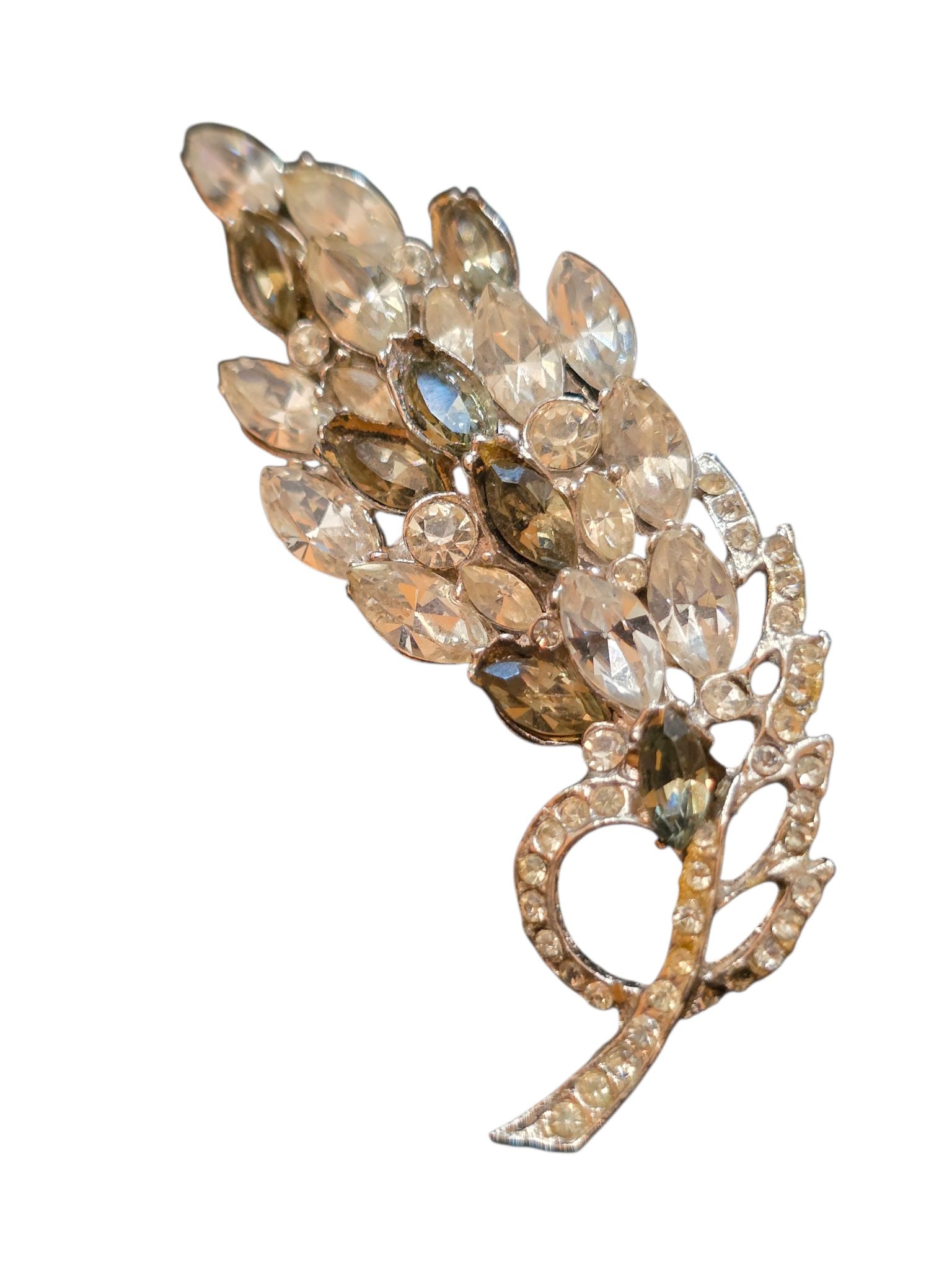 VINTAGE UNSIGNED GRAY AND CLEAR RHINESTONE SPRAY BROOCH: VINTAGE UNSIGNED GRAY AND CLEAR RHINESTONE SPRAY BROOCH, 3"