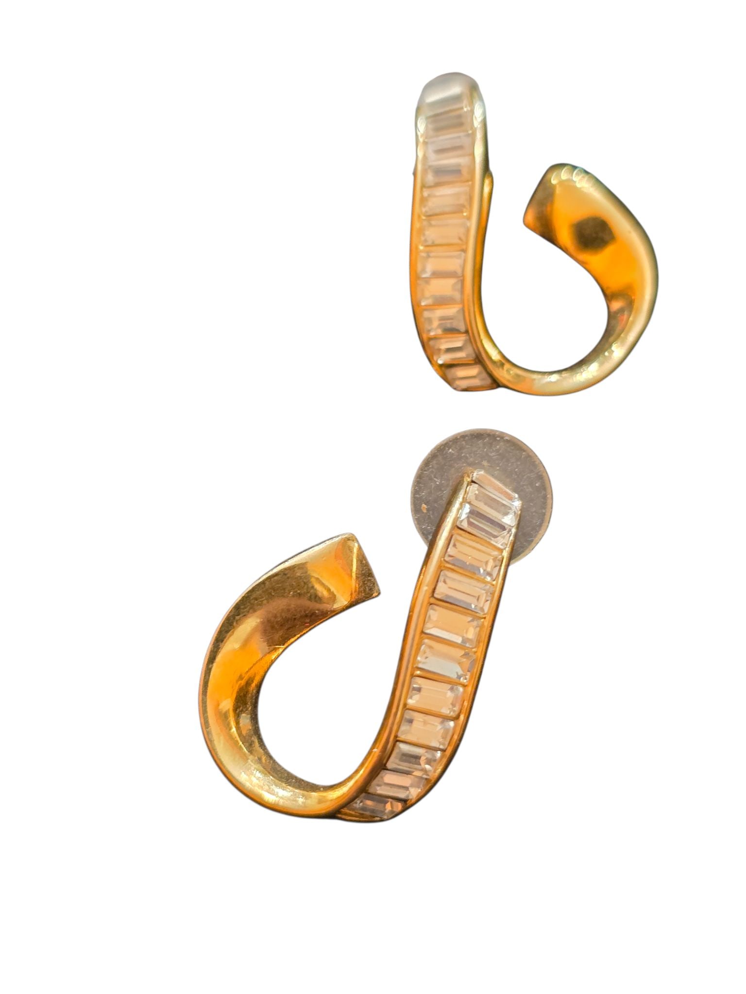 VINTAGE SWAROVSKI RHINESTONE BAGUETTE HOOP EARRINGS: VINTAGE SWAROVSKI RHINESTONE BAGUETTE HOOP EARRINGS, PIERCED, SIGNED WITH SWAN, 1.5"