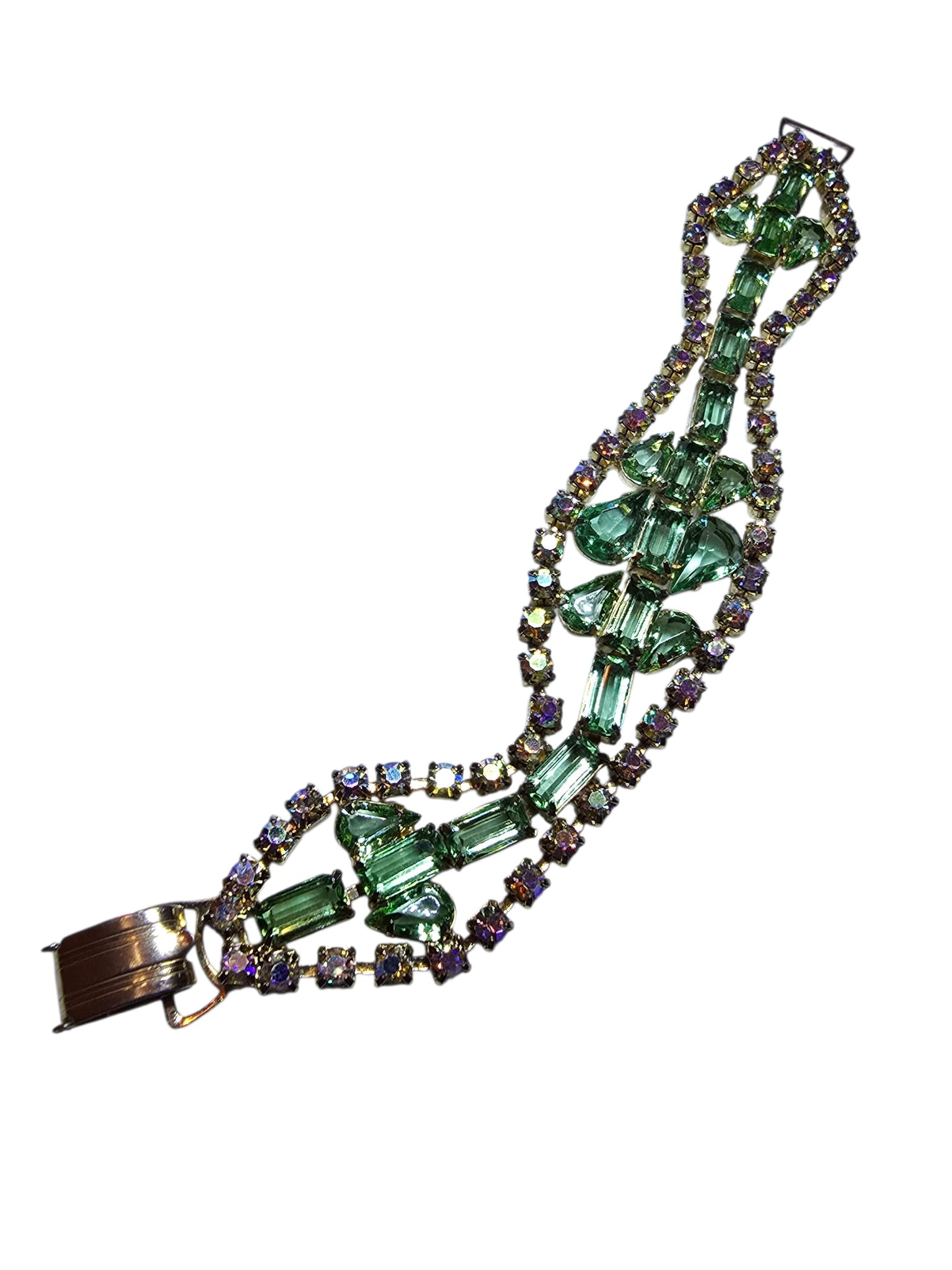 VINTAGE GREEN AMD CLEAR OPEN BACK RHINESTONE BRACELET (1 of 5)