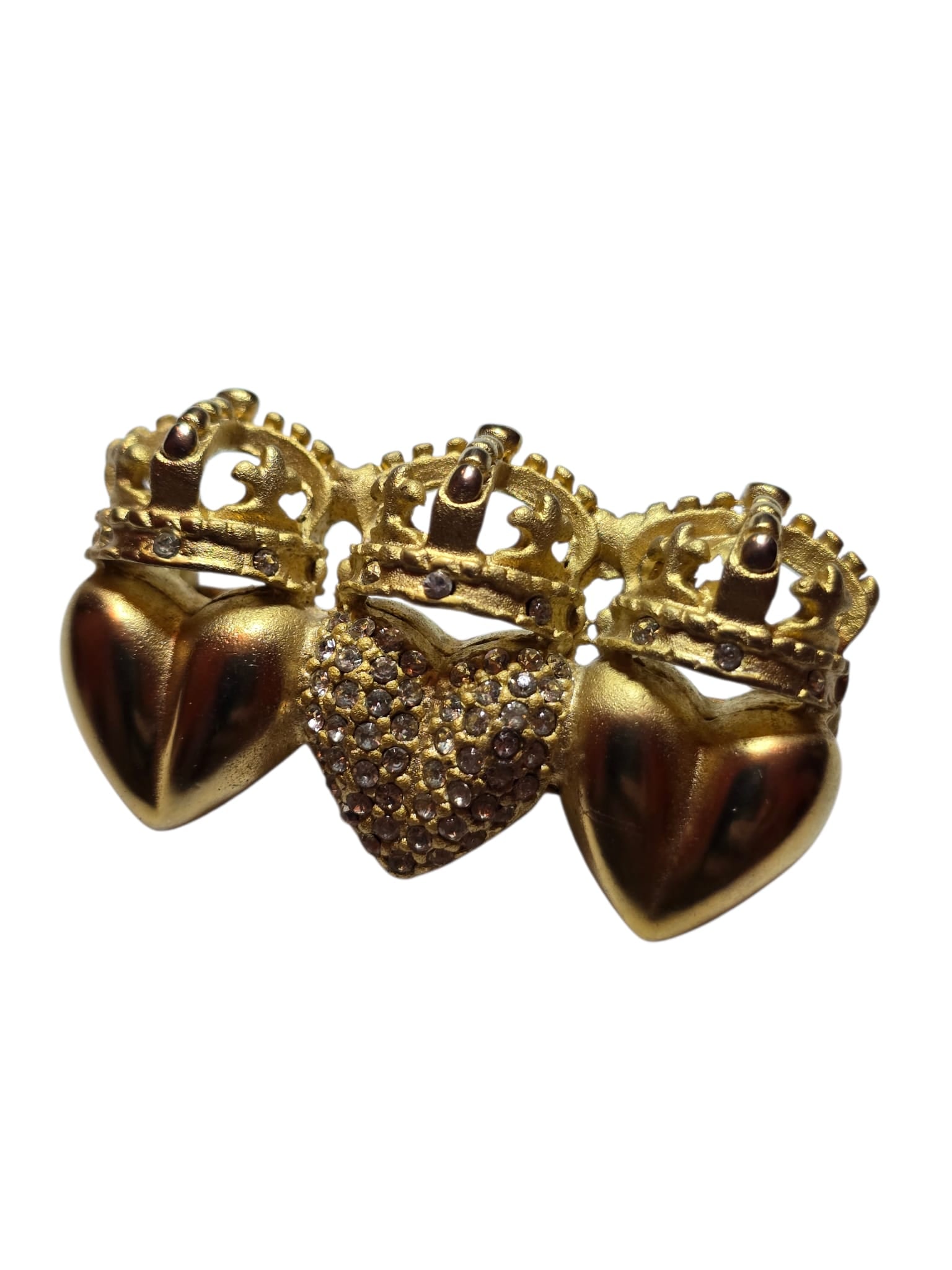 VINTAGE 80S MATTE GOLD CROWNED TRIPLE HEART BROOCH (1 of 3)