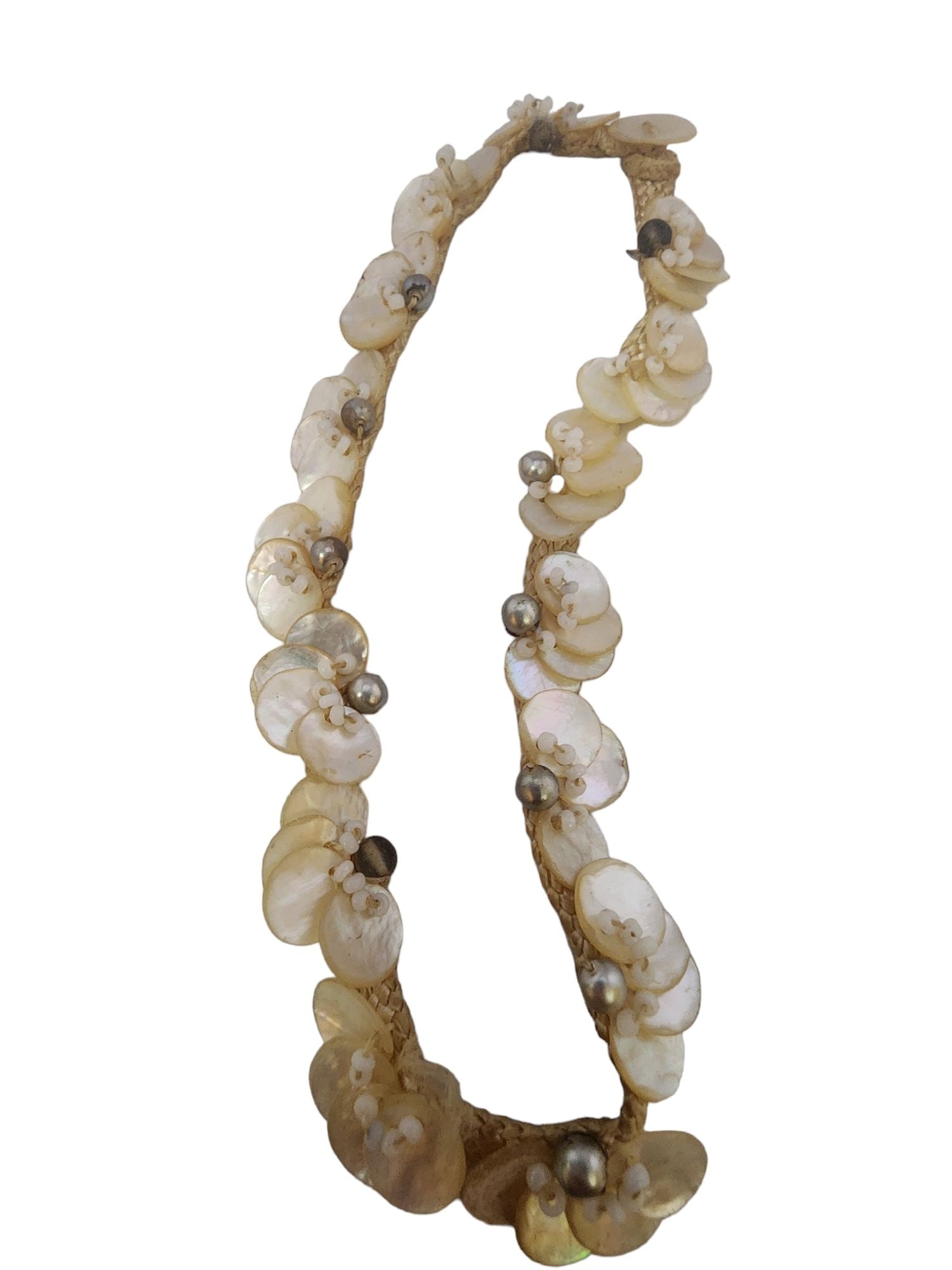 VINTAGE SEWN-ON SHELL AND PEARL NECKLACE COLLAR: Vintage Sewn-On Shell And Pearl Necklace Collar. 14.5". Some missing shells and pearls. Hand done and sewn on. Early one.
