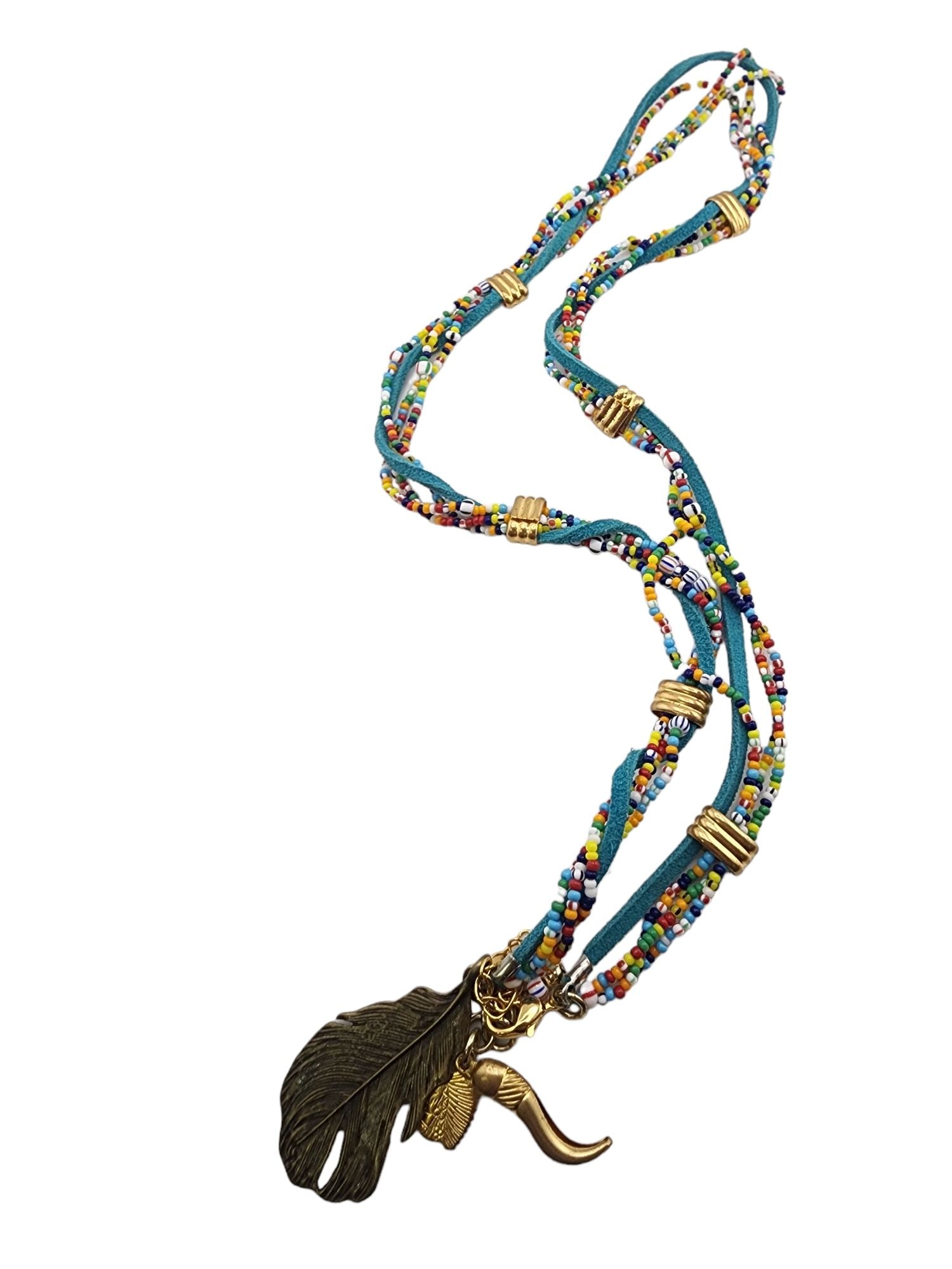 VINTAGE SIGNED SUEDE AND GLASS LARIAT NECKLACE: Vintage Signed Suede And Glass Lariat Necklace. 28". In very good condition.