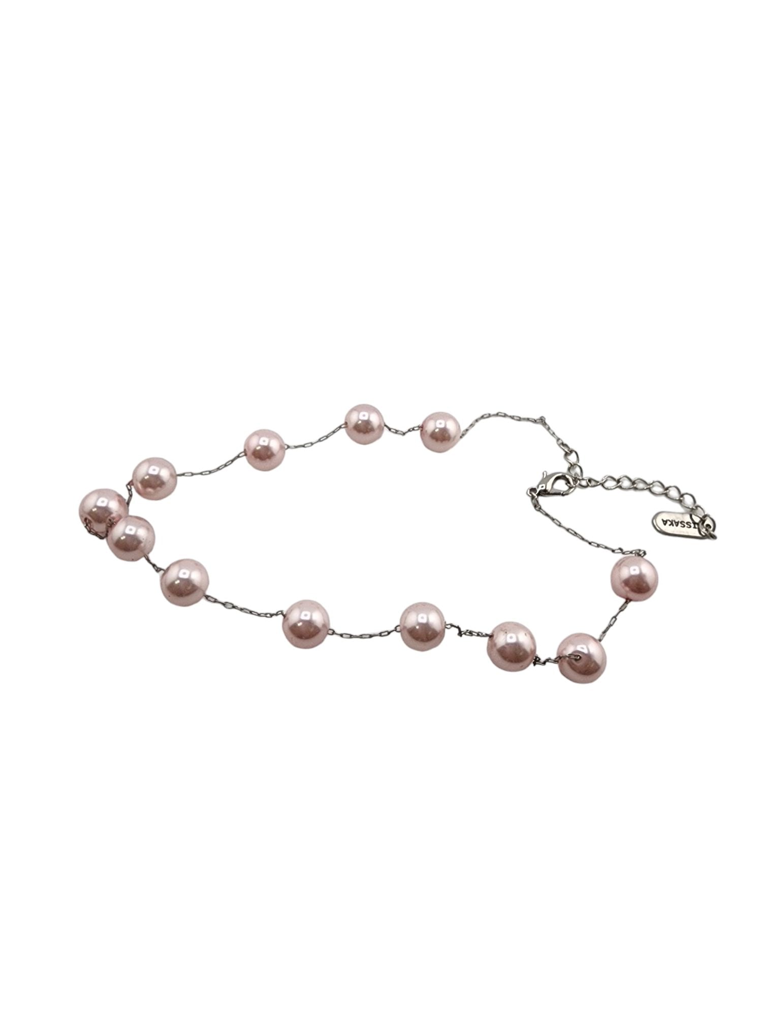 VINTAGE PINK PEARL TIN CUP NECKLACE: Vintage Pink Pearl Tin Cup Necklace. Signed kissaka. 18"