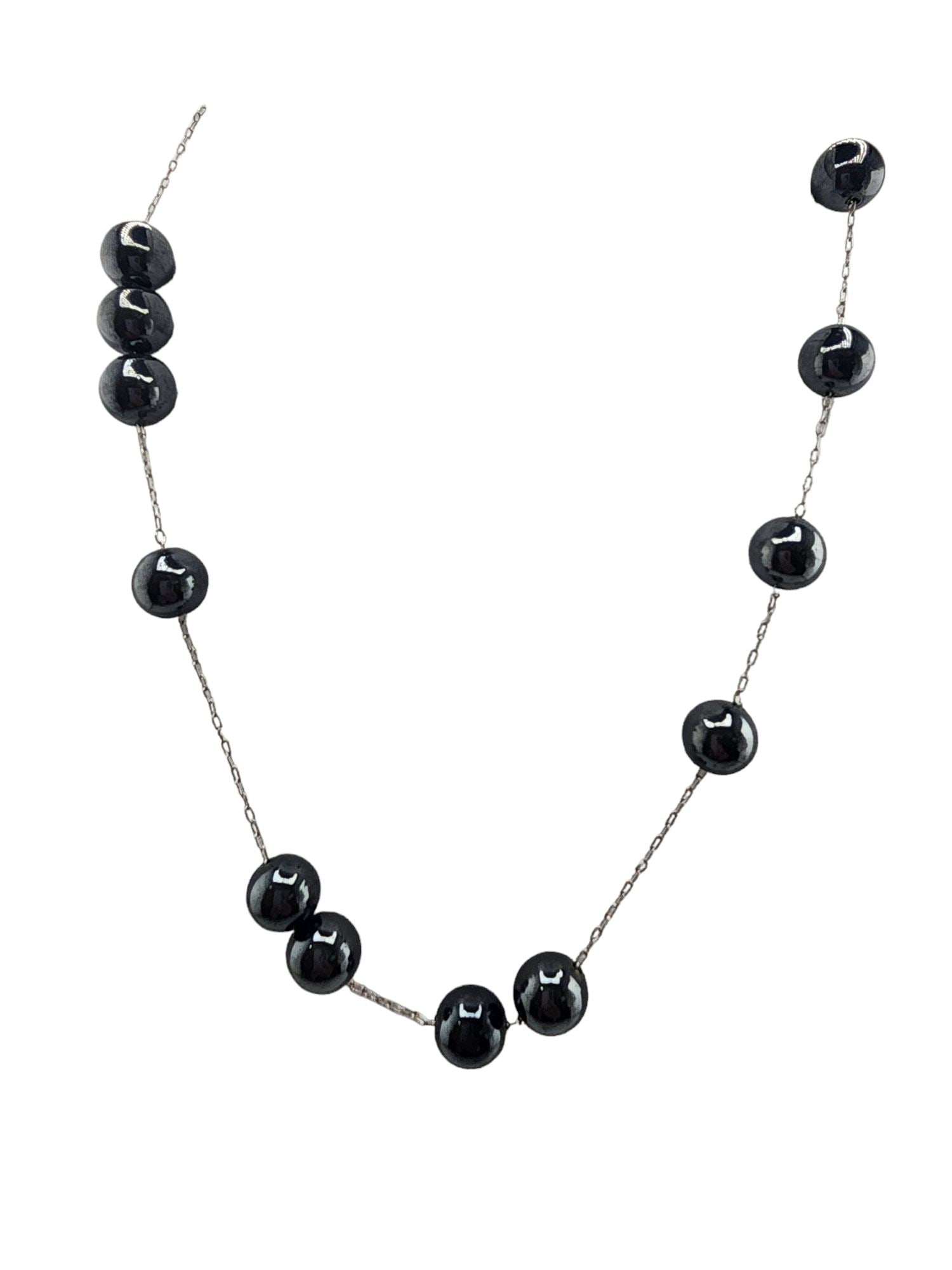 VINTAGE GREY TIN CUP PEARL NECKLACE: Vintage Grey Tin Cup Pearl Necklace. 18". signed kissaka