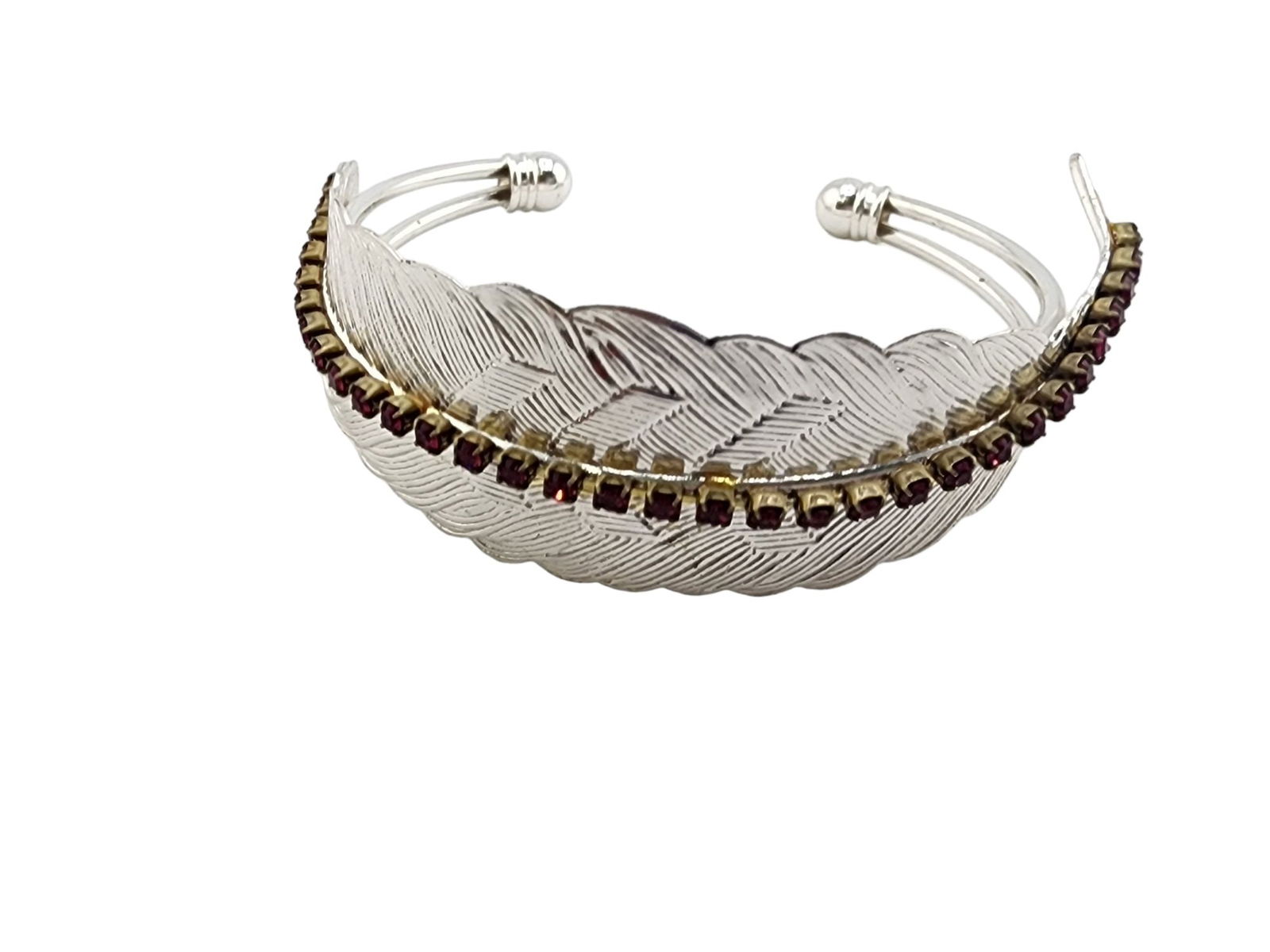 VINTAGE RED RHINESTONE FEATHER ADJUSTABLE CUFF BRACELET: Vintage Red Rhinestone Feather Adjustable Cuff Bracelet.