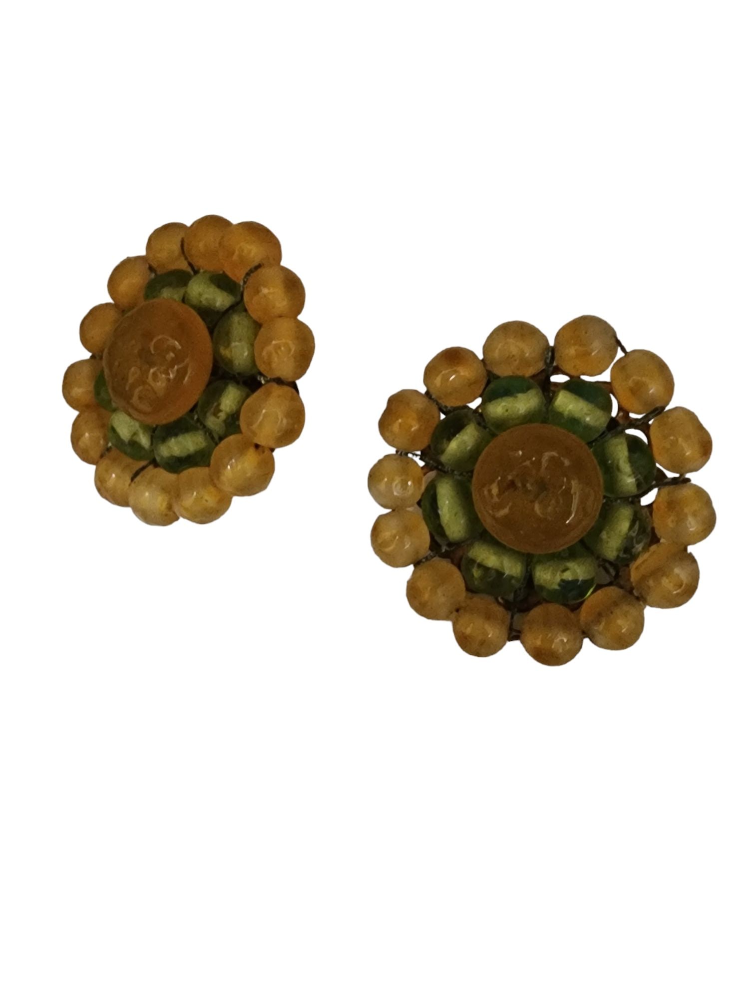 VINTAGE ALL GLASS HAND WIRED CLIP EARRINGS POSSIBLY W GERMANY: Vintage All Glass Hand Wired Clip Earrings Possibly W Germany. 1.5"