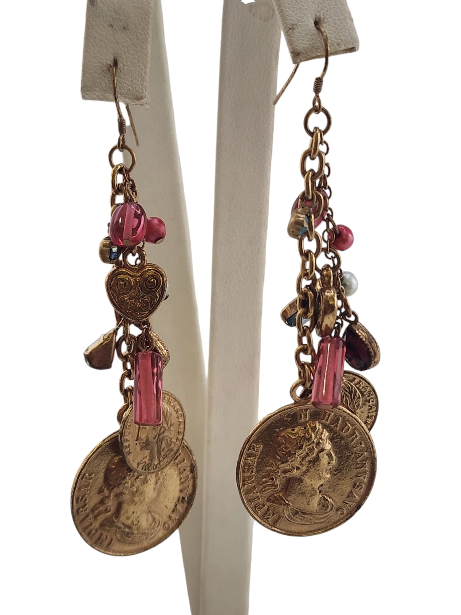 VINTAGE FUN DOUBLE COIN DANGLING EARRINGS: Vintage Fun Double Coin Dangling Earrings. Size: About 3.25" Color: Gold, red, blue Condition: Very good vintage Signed: None Details: Well made. Features fishhook for pierced ears. It has bezel glass