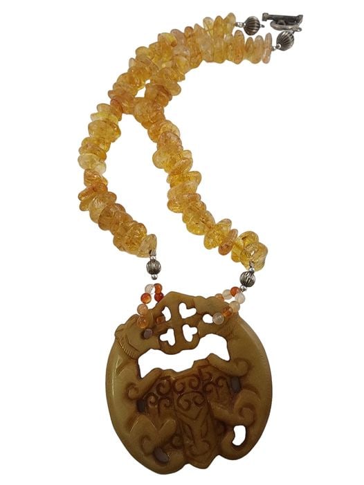 ASIAN FIGURAL DOUBLE SIDED JADE PENDANT W/ AMBER AND AGATE BEADED NECKLACE (1 of 4)