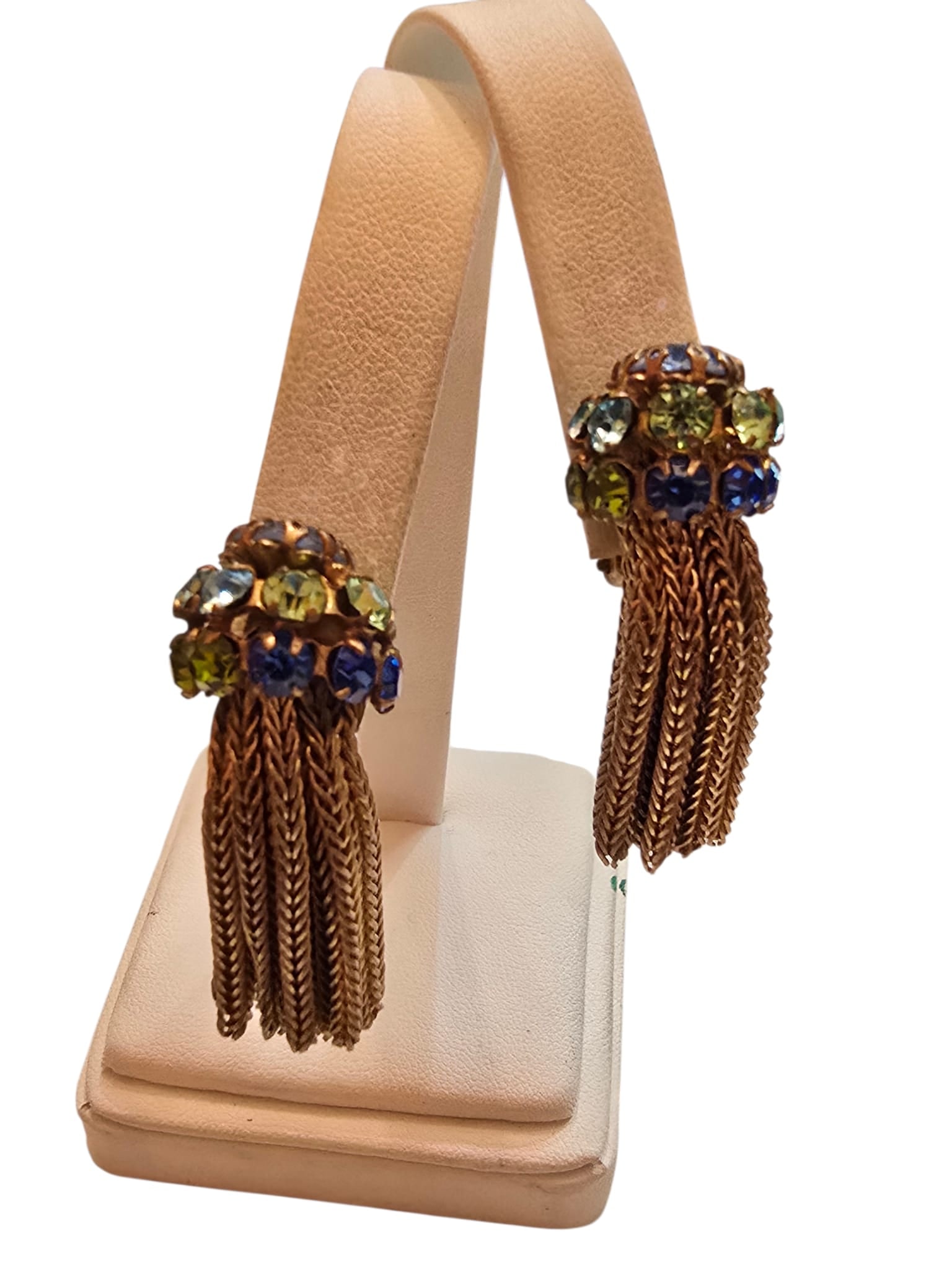 VINTAGE DESIGNER WELL MADE RHINESTONE AND FOXTAIL TASSEL CLIP EARRINGS: VINTAGE DESIGNER WELL MADE RHINESTONE AND FOXTAIL TASSEL CLIP EARRINGS. IN VERY GOOD CONDITION, POSSIBLY AMOURELLE. IT HAS #53 ON EACH AND HAVE HEART SHAPED CLIP BACK. VERY WELL MADE.