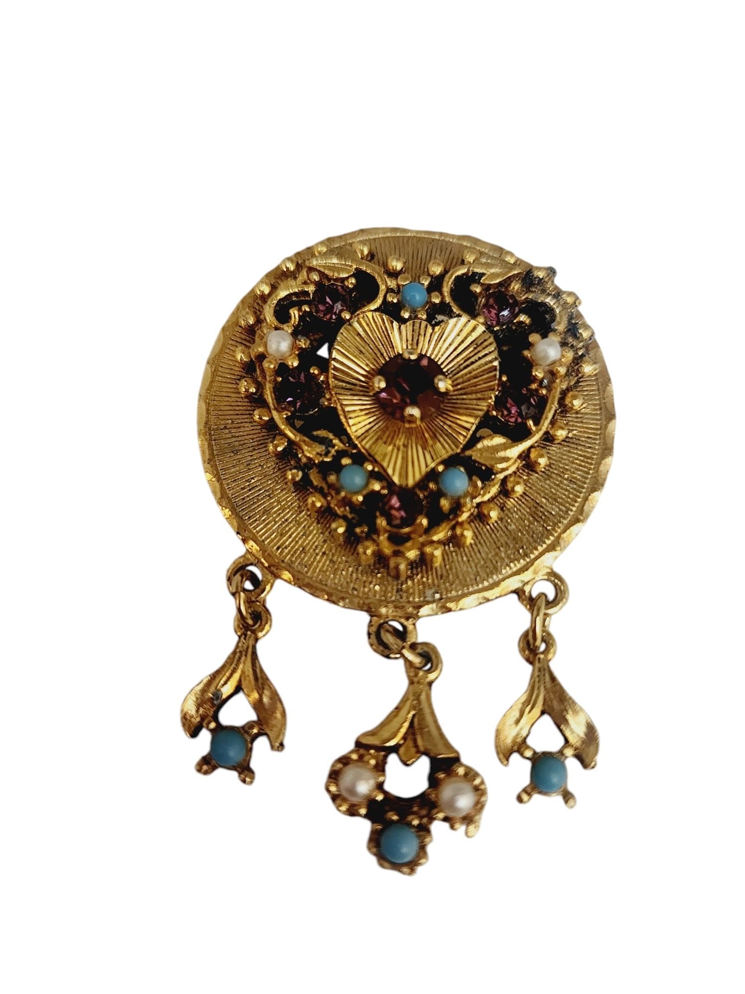 VINTAGE UNSIGNED HEAVY DANGLE BROOCH: Vintage Unsigned Heavy Dangle Brooch. 2.25" Unsigned, but reminds me of Florenza but it's much heavier than most Florenza brooches.