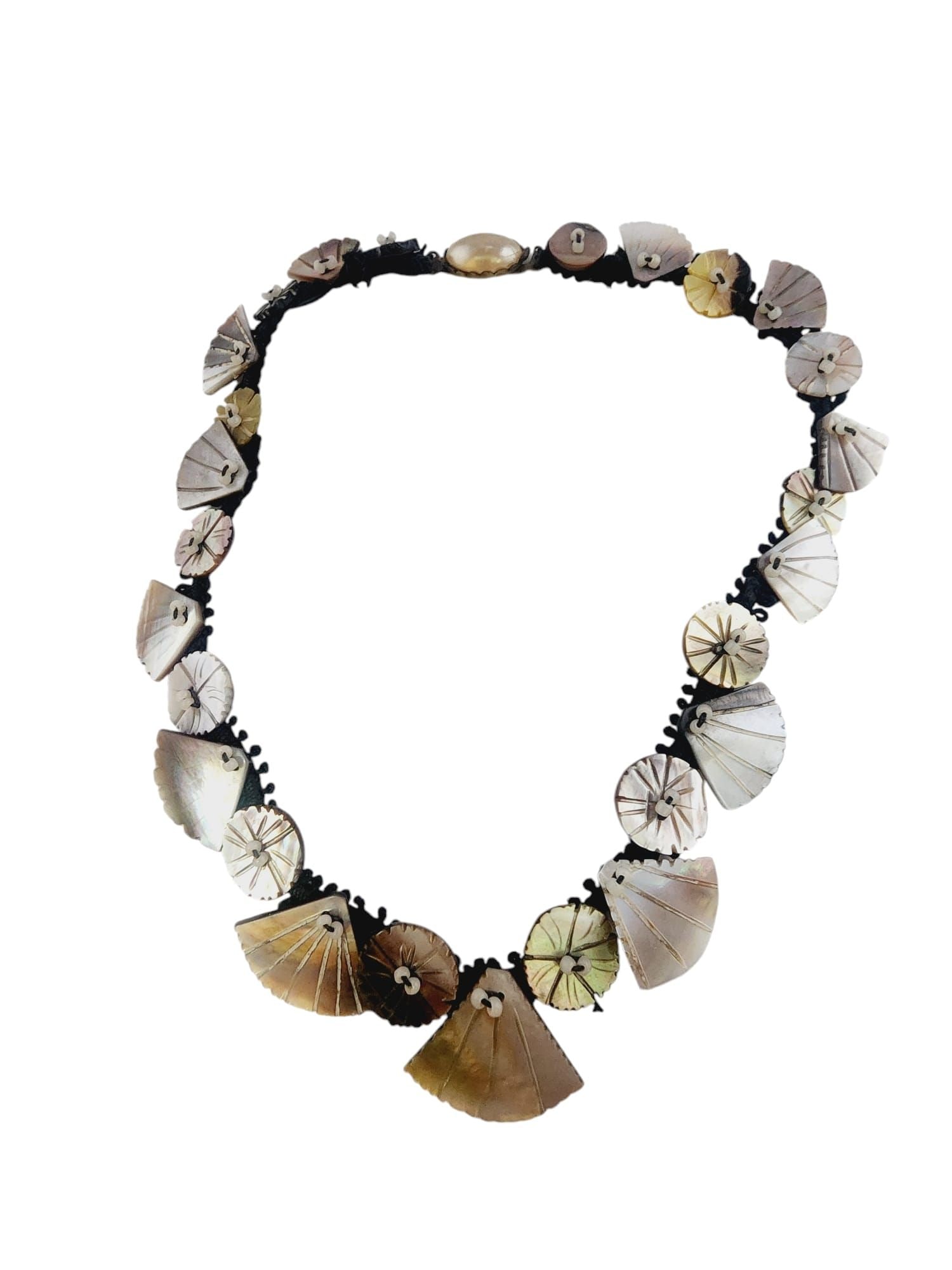 BEAUTIFUL HAND DONE ART NOUVEAU ABALONE SHELL APPLIQUES ON FABRIC NECKLACE: Beautiful Hand Done Art Nouveau Abalone Shell Appliques On Fabric Necklace. 16". In pretty good condition. Fancy older brass and pearl clasp, there is a little bit of extra threading on 1 side towards