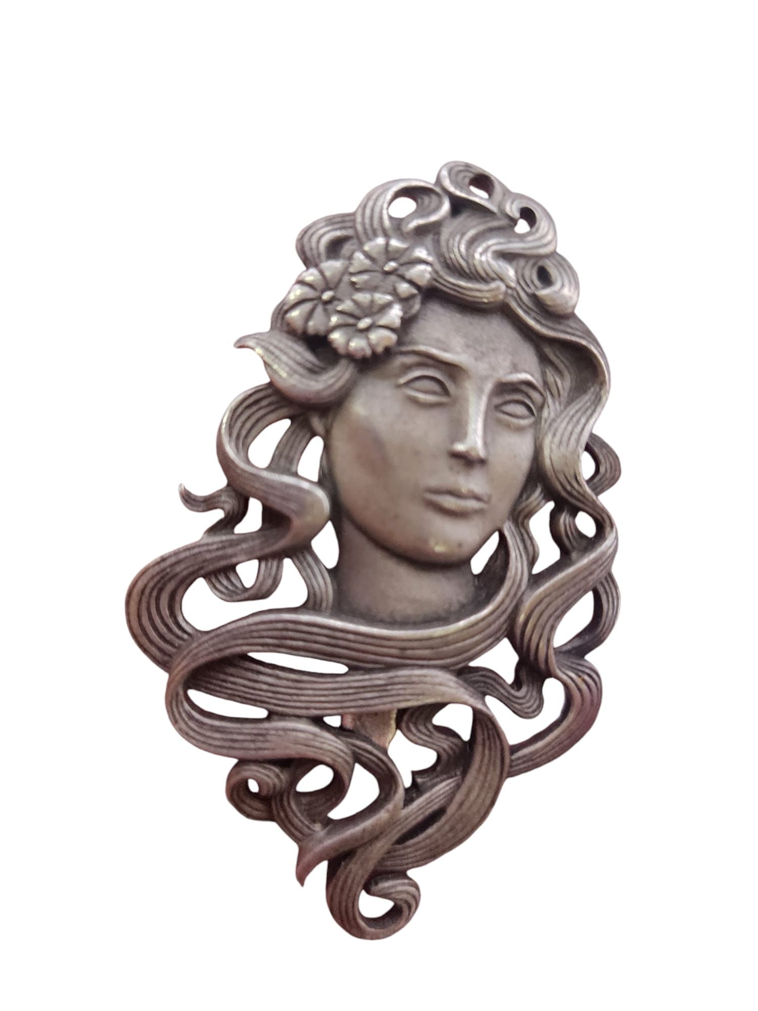 FABULOUS VINTAGE SIGNED JJ 1980S PEWTER ART NOUVEAU LADY BROOCH: Fabulous Vintage Signed JJ 1980s Pewter Art Nouveau Lady Brooch. Size: 2.75" Color: Silver Condition: Very good vintage Era: Circa 1980s Signed: JJ Details: In nice condition. It is signed and dated,