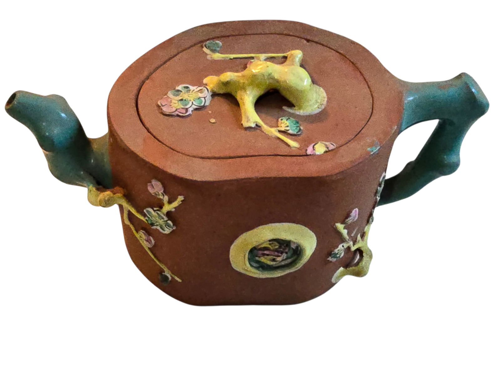 ANTIQUE 19TH CENTURY ZISHA ENAMEL YIXING CLAY TEAPOT WITH CRAB STOCK HANDLE: ANTIQUE 19TH CENTURY ZISHA ENAMEL YIXING CLAY TEAPOT WITH CRAB STOCK HANDLE. APPROX. 3.5" x 8".