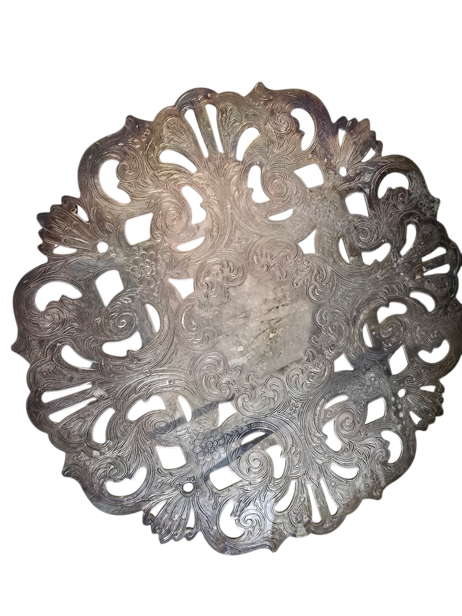 VINTAGE MSR ENGLISH SILVER PLATE FOOTED TRIVET: VINTAGE MSR ENGLISH SILVER PLATE FOOTED TRIVET. 9", NEEDS POLISHING.