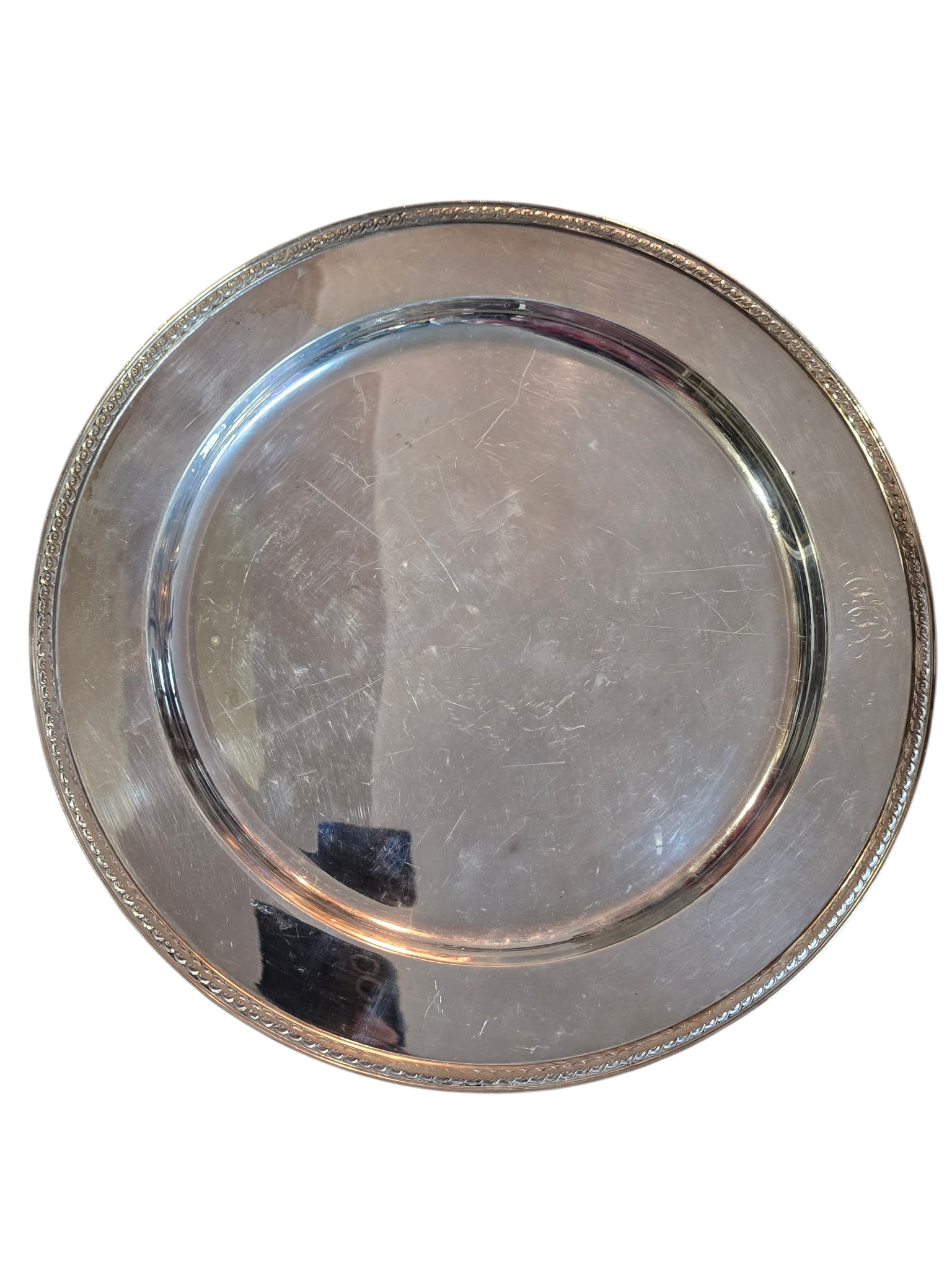 VINTAGE GORHAM SILVERPLATE 14" SERVING PLATE: VINTAGE GORHAM SILVERPLATE 14" SERVING PLATE. INITIALED. SIGNED.