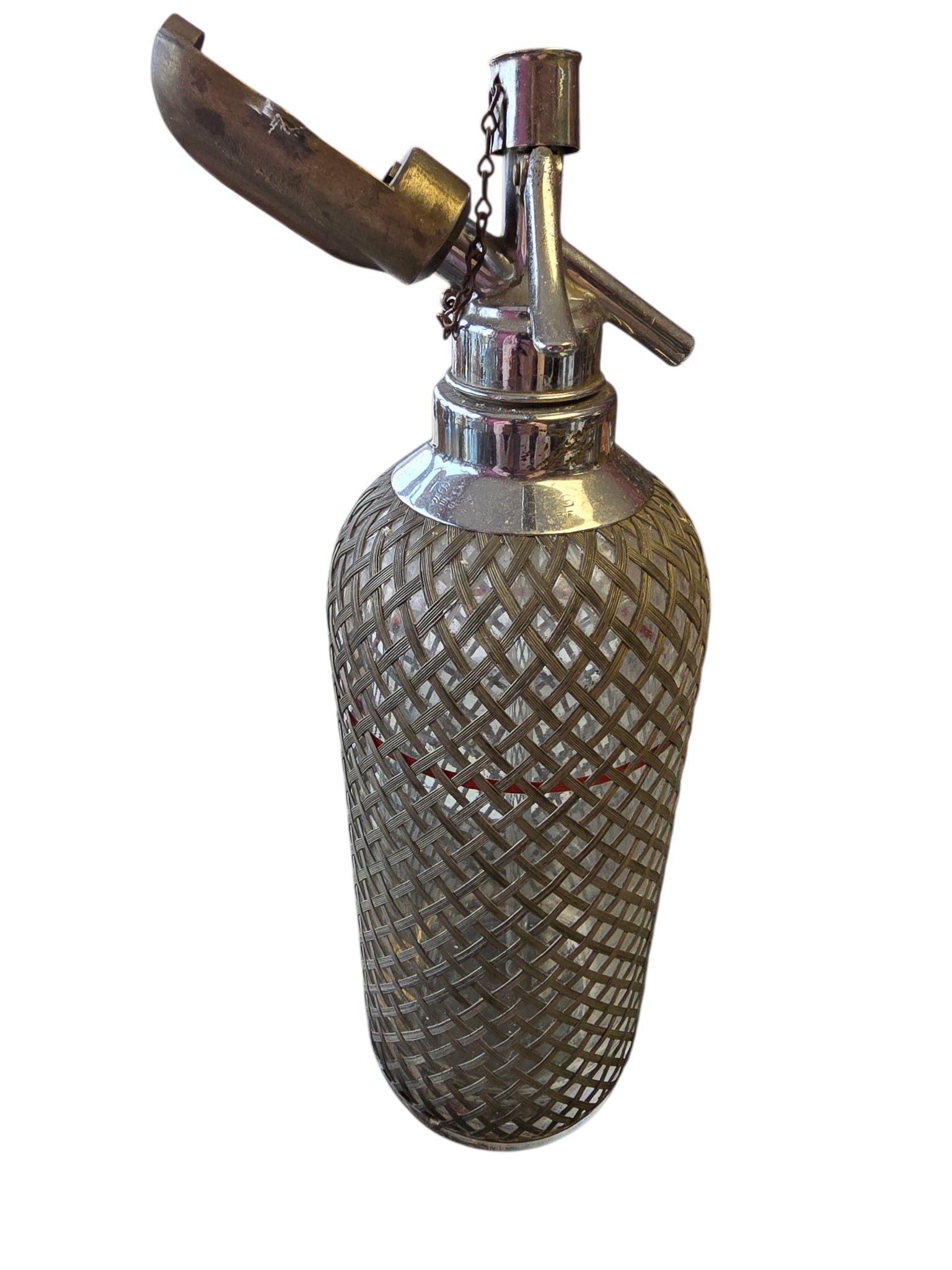 ANTIQUE 1920/30S SPARKLETS SODA SIPHON SEITZER BOTTLE: ANTIQUE 1920/30S SPARKLETS SODA SIPHON SEITZER BOTTLE. MEASURES 6" W x 6" D x 14" HIGH. BOTTLE HAS WOVEN MESH COVER.