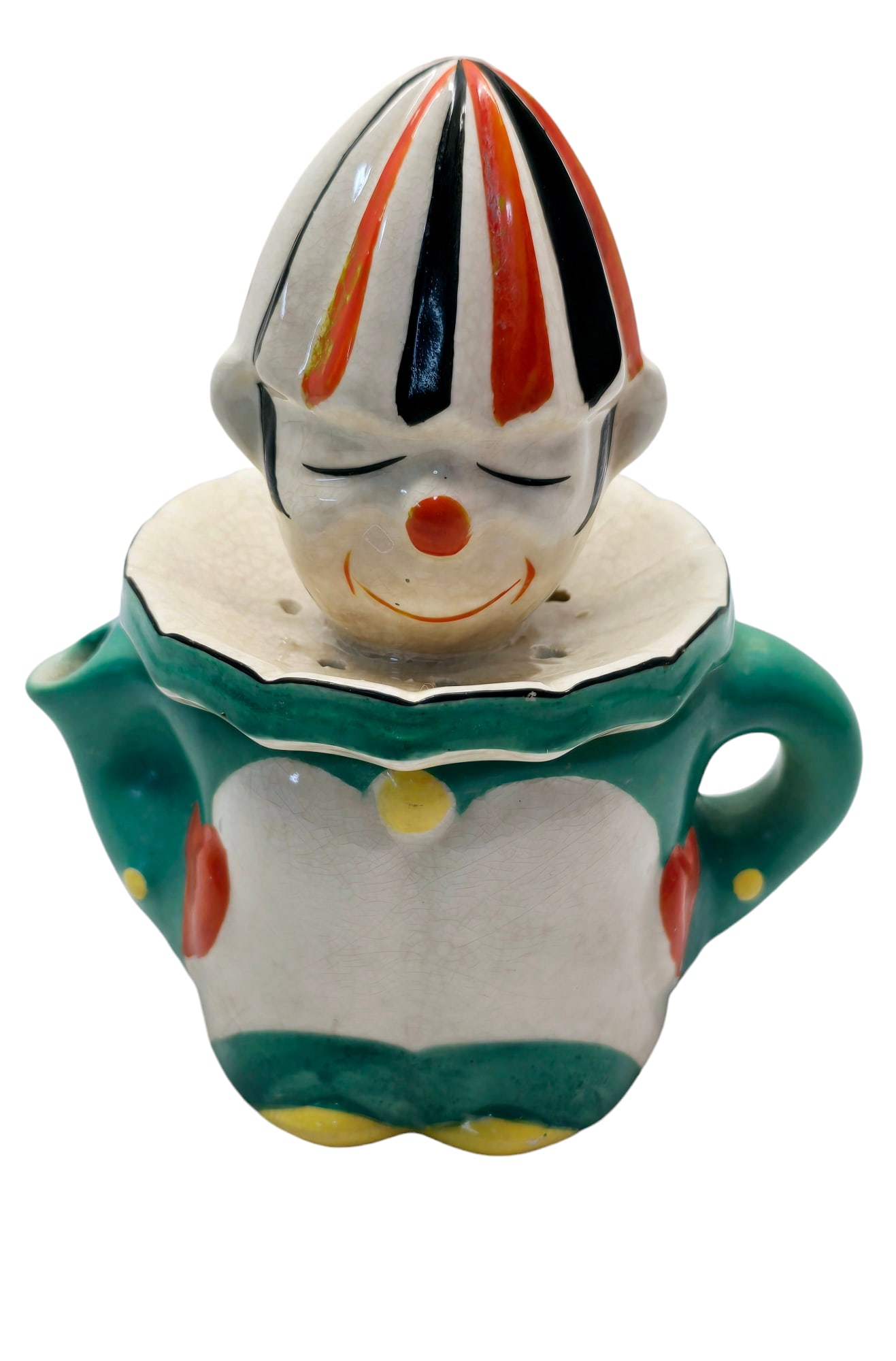 VINTAGE JAPAN HAND PAINTED CLOWN JUICER/PITCHER: VINTAGE JAPAN HAND PAINTED CLOWN JUICER/PITCHER. 7.75", GOOD CONDITION BUT HAS GRAZING. COLORS ARE VIBRANT