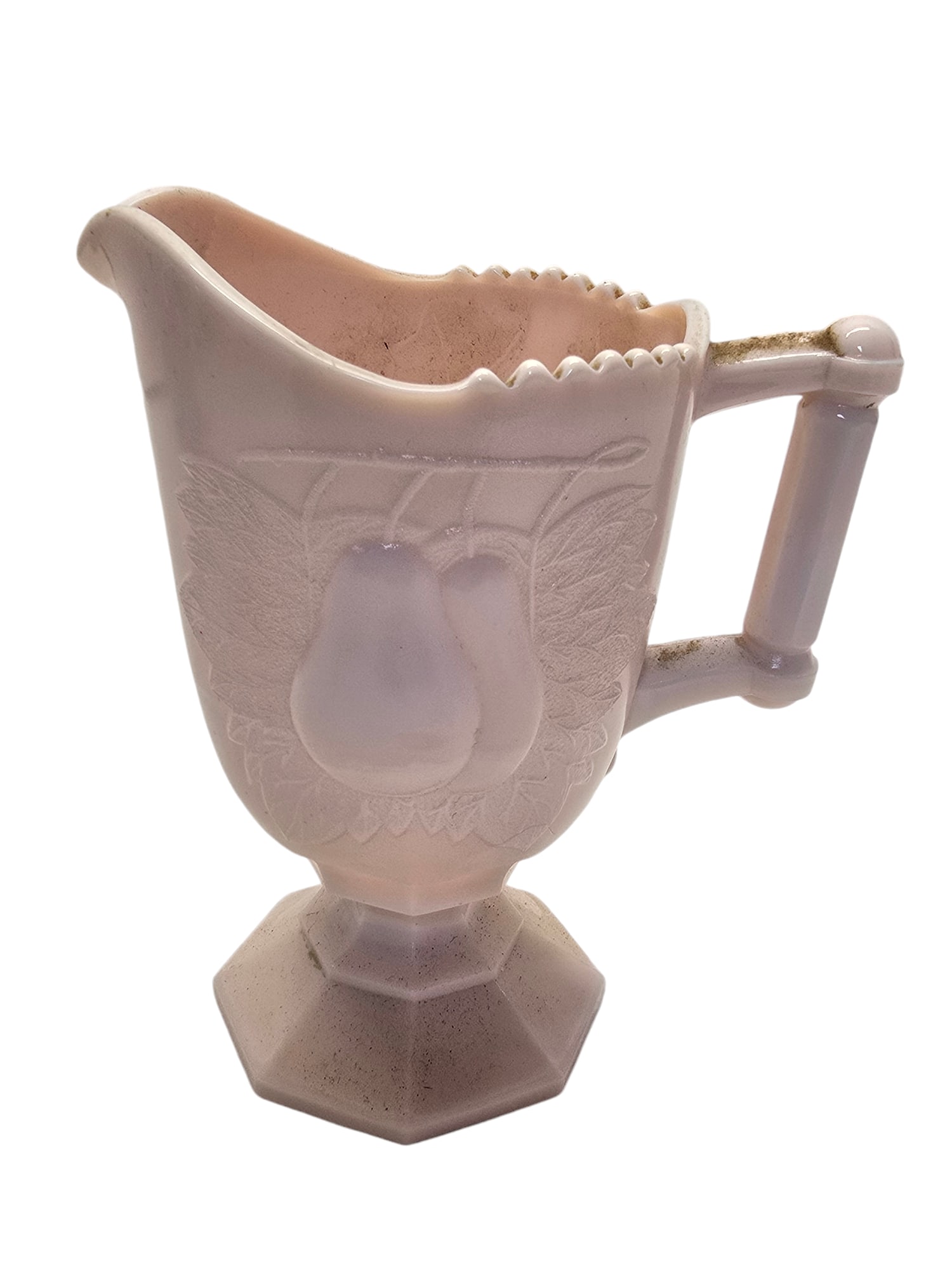 VINTAGE JEANNETTE MILK GLASS PALE PINK PITCHER: VINTAGE JEANNETTE MILK GLASS PALE PINK PITCHER. 5.5", VERY GOOD CONDITION. COULD USE CLEANING