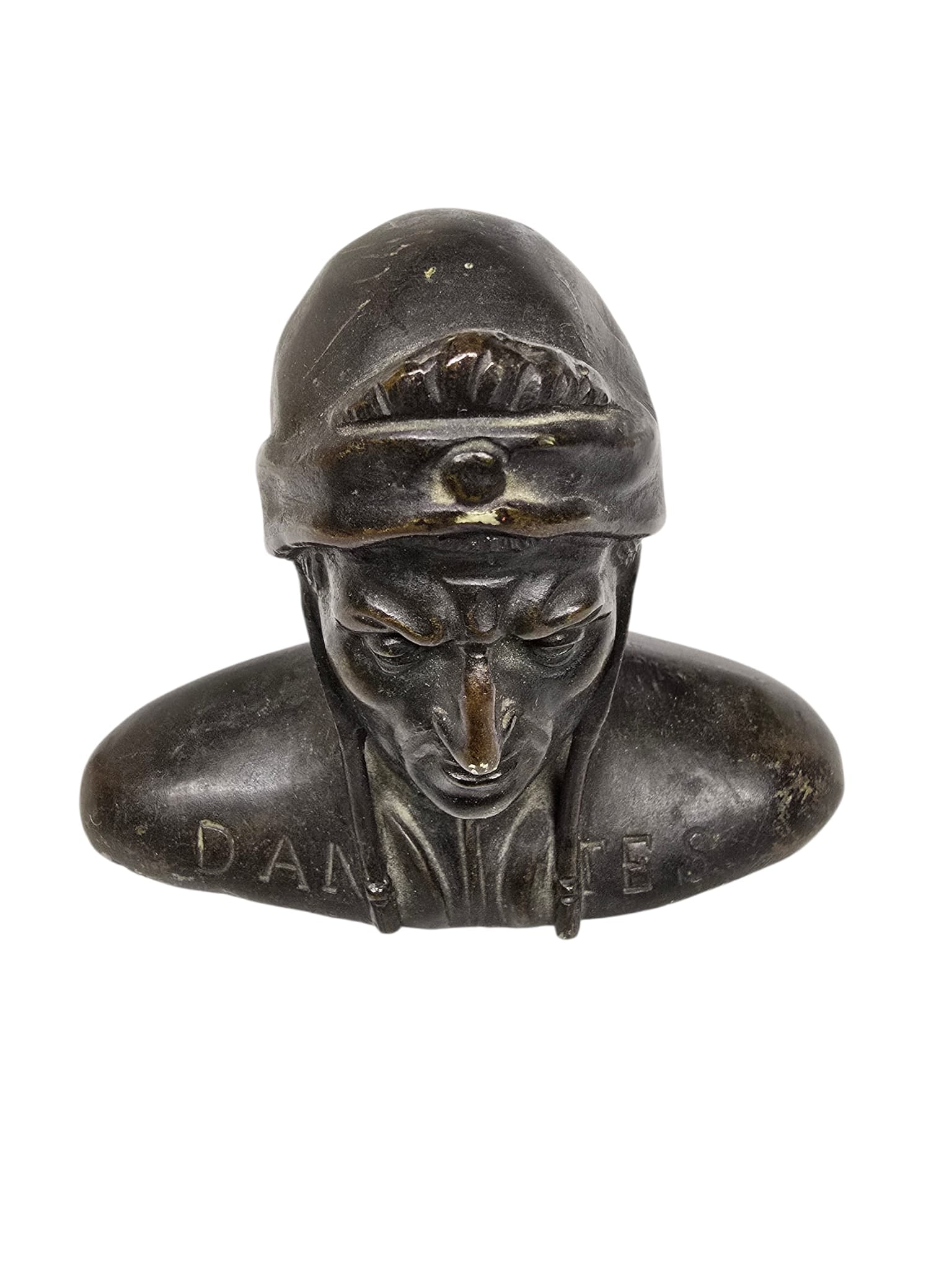 VINTAGE CAST BRONZE DANTE DANTES ALIGHIERI BUST SCULPTURE/STATUE: VINTAGE CAST BRONZE DANTE DANTES ALIGHIERI BUST SCULPTURE/STATUE. 5" x 4". SIGNED ON FRONT.