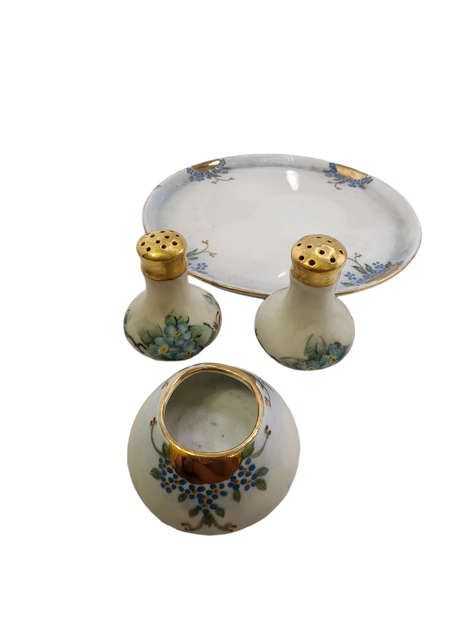 ANTIQUE MARKED GERMANY DECORATIVE PORCELAIN PLATE SALT AND PEPPERS AND SMALL DISH SET (1 of 3)