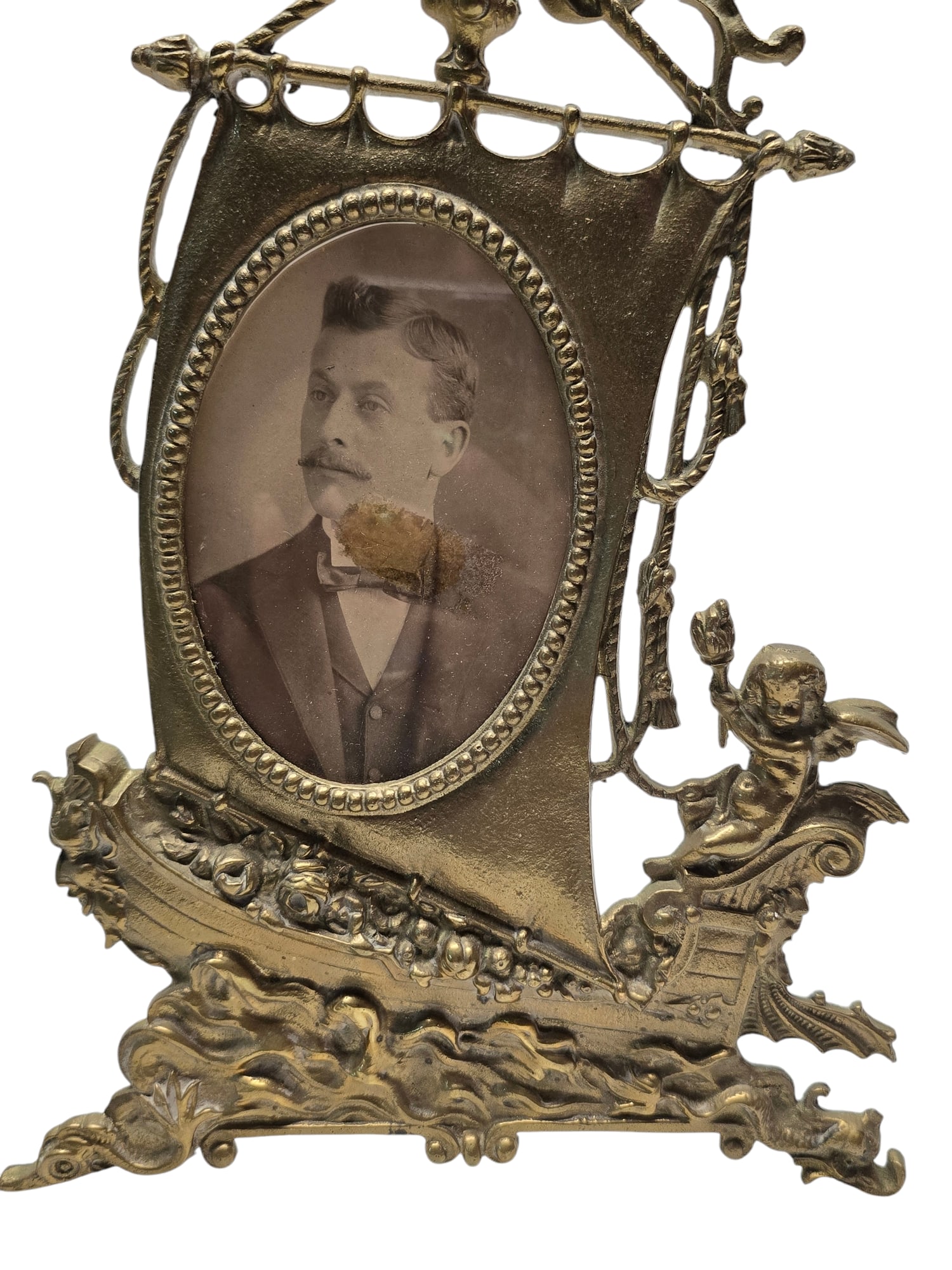 ANTIQUE UNIQUE DECORATIVE BRASS BOAT AND CHERUB STANDING FRAME (1 of 4)