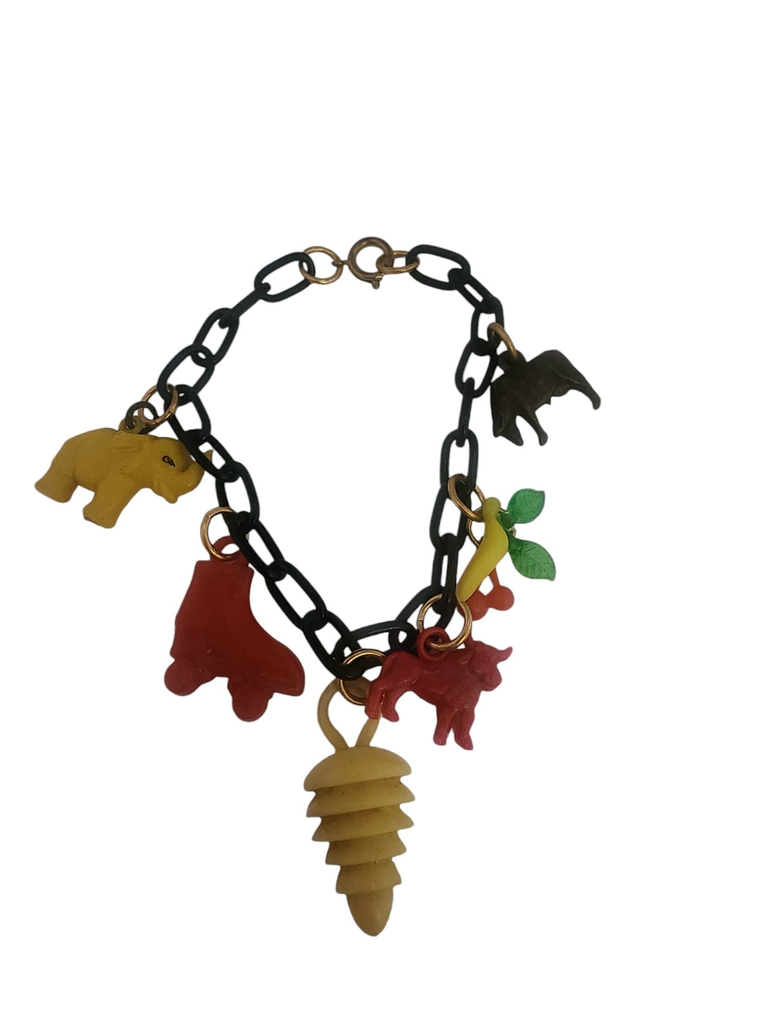 SUPER CUTE MULTICOLOR CHARM BRACELET: Super Cute Multicolor Charm Bracelet Size: 8.25"Color: Black, red, yellowCondition: Very good vintageSigned: None