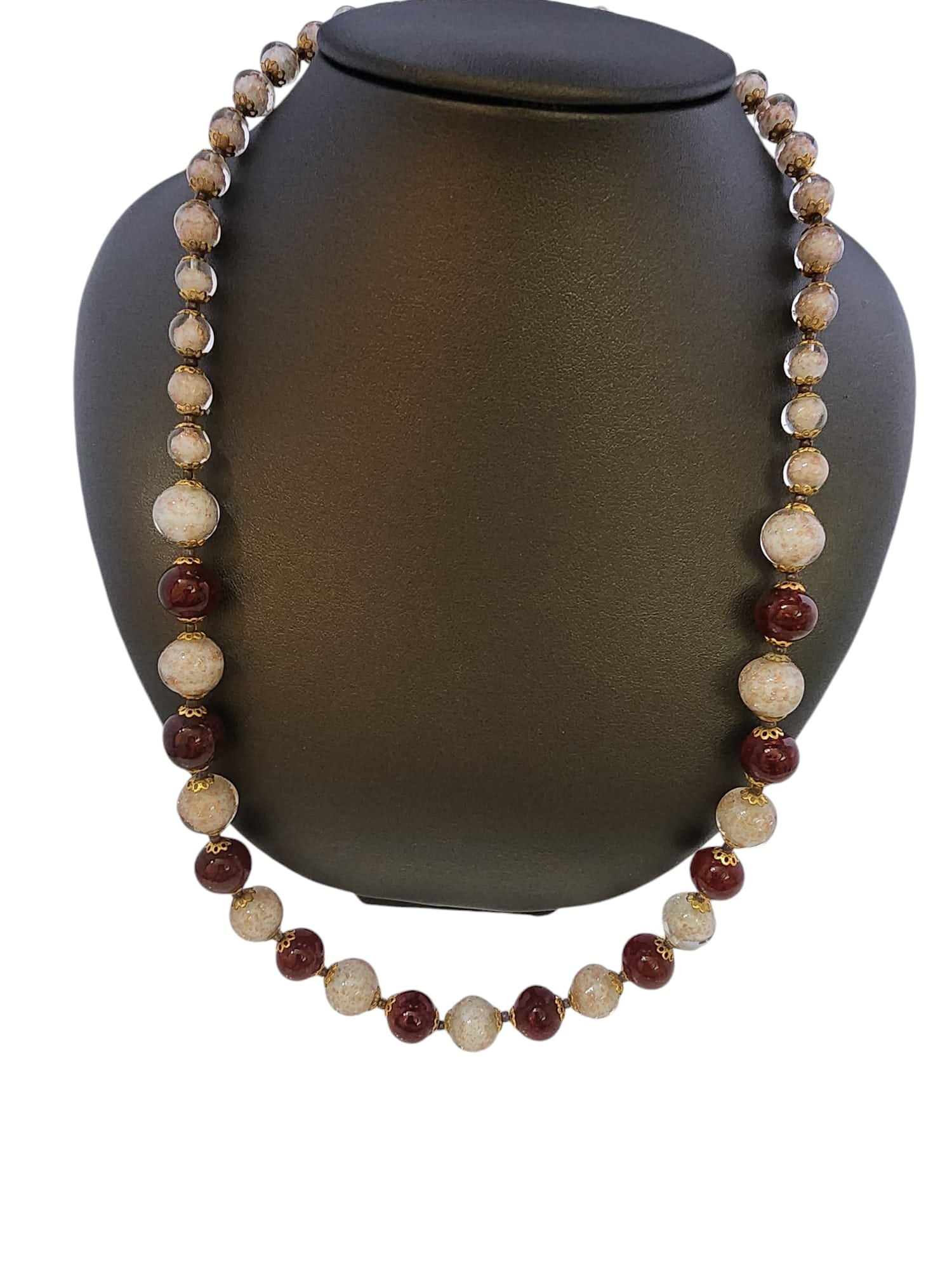 STUNNING ALL GLITTER GLASS BEADED OLDER NECKLACE: Stunning All Glitter Glass Beaded Older Necklace (A5652) Size: 24Condition: Very good vintageSigned: NoneDetails: Graduated all glass beads, bead caps in between.Burgundy beads has a very faint fleck