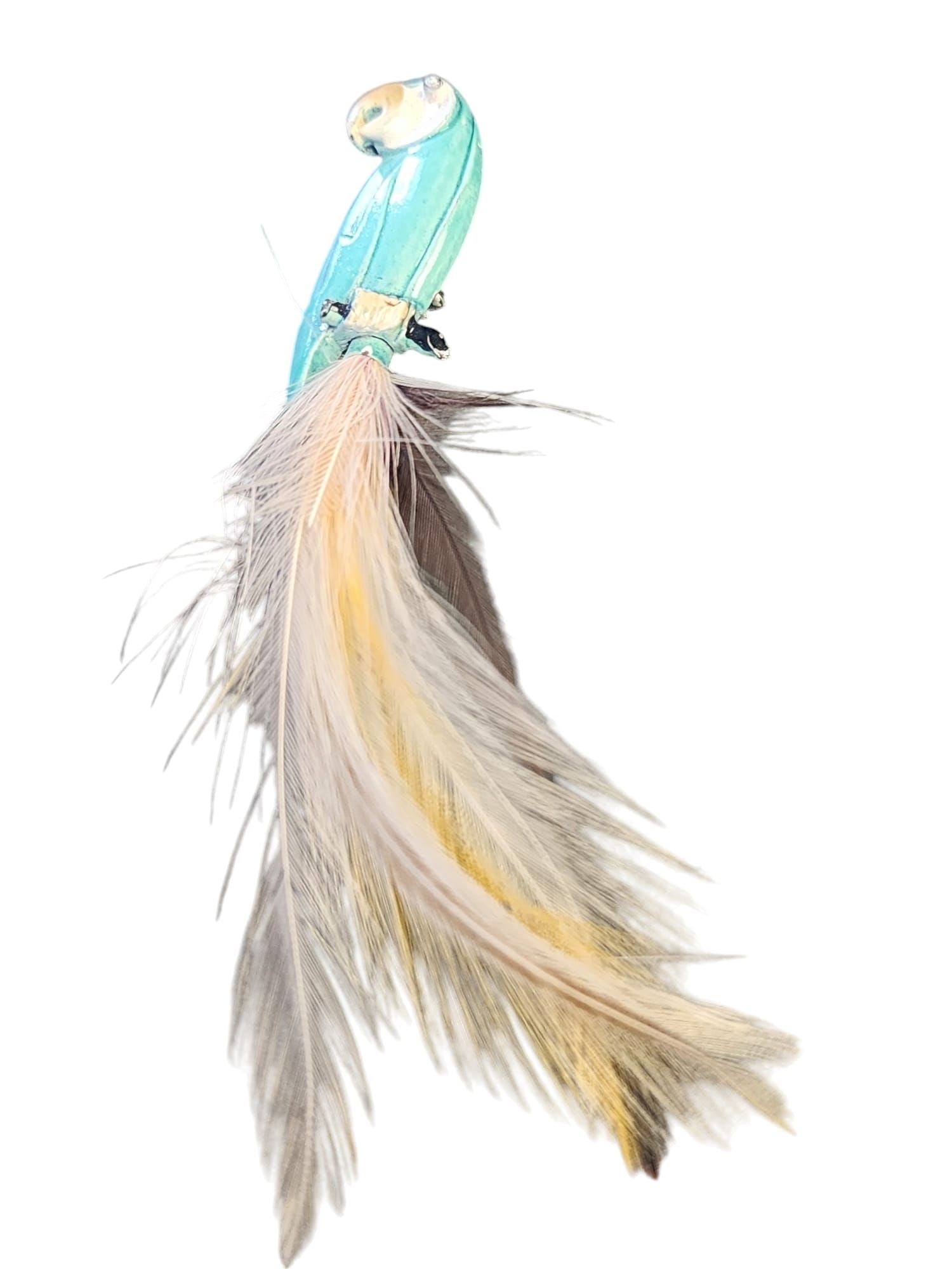 SUPER CUTE ENAMEL PARROT FEATHER BROOCH: Super Cute Enamel Parrot Feather Brooch (A5718)Size: Approx. 4"Condition: Very good vintageSigned: NoneDetails: Real feathers.