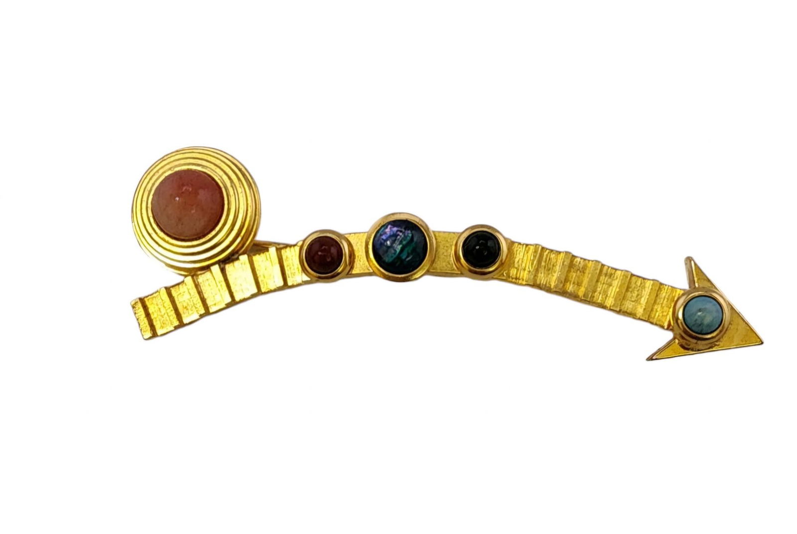 SIGNED G.N. BUONANNO MID CENTURY MATTE GOLD AND SEMI PRECIOUS BROOCH: Signed G.N. Buonanno Mid Century Matte Gold and Semi Precious Brooch (A5773)Size: 3"Color: GoldCondition: Very good vintageSigned: G.N. BuonannoDetails: Beautifully made, 14kt gold plating, semi preci