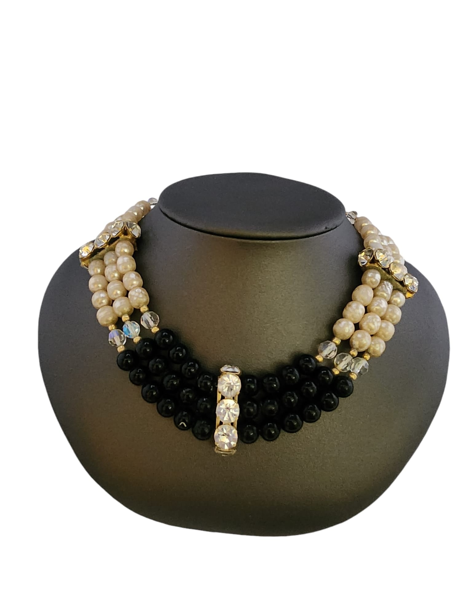 VINTAGE GLASS AND RHINESTONE 80S NECKLACE: Vintage Glass and Rhinestone 80s Necklace (A5786)Size: Approx 17"Color: Black, CreamCondition: Very good vintage; Some of the pearls have lost some coating,Era: Circa 1980sSigned: NoneDetails:• M