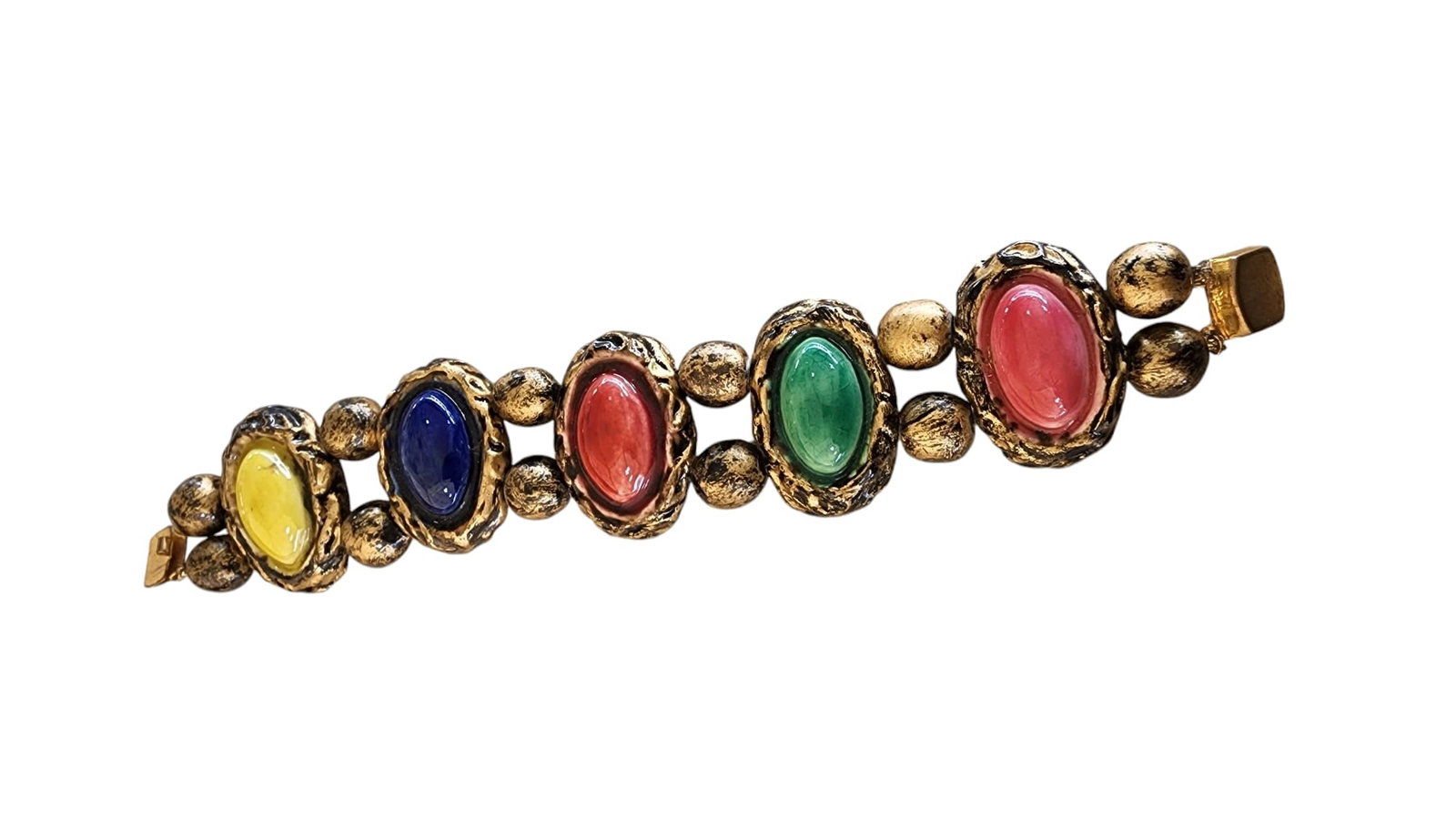 UNIQUE VINTAGE MULTI COLORED GLASS AND METAL DESIGNER SIGNED FRANCE BRACELET: UNIQUE VINTAGE MULTI COLORED GLASS AND METAL DESIGNER SIGNED FRANCE BRACELET . This is a designer piece, hard to make out the mark on 2 of the 5 sections, 2 sections are marked France, and 1 is unmark