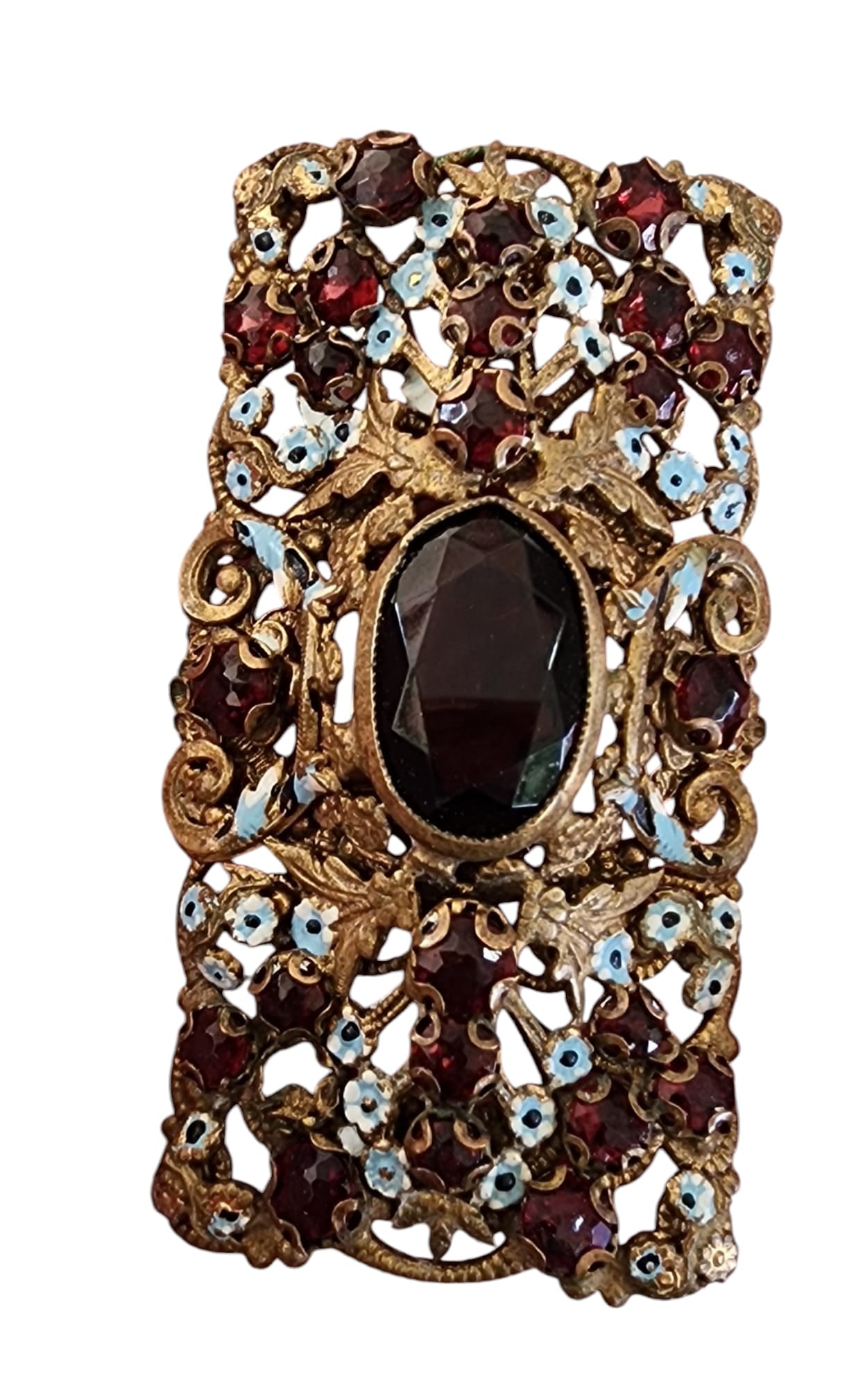 OUTSTANDING GARNET COLORED GLASS ENAMEL AND FILIGREE SIGNED CZECHO BROOCH: OUTSTANDING GARNET COLORED GLASS ENAMEL AND FILIGREE SIGNED CZECHO BROOCH. Absolutely a stunning piece, all glass are bezel set, center large faceted glass set in a saw tooth bezel setting.Signed on t
