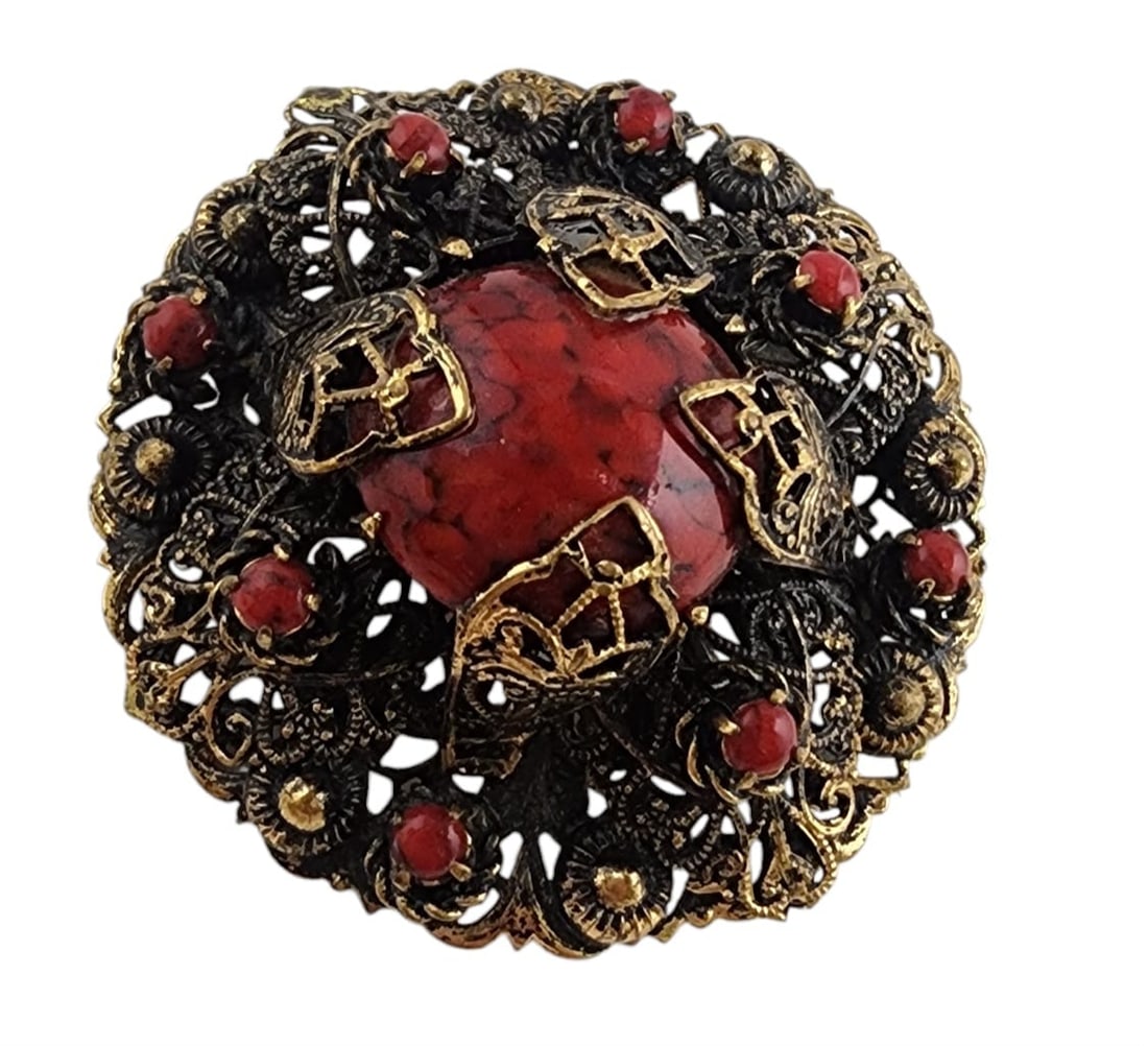 VINTAGE MADE IN GERMANY FILIGREE GLASS BROOCH: VINTAGE MADE IN GERMANY FILIGREE GLASS BROOCH. Great patina to the metal, beautiful glass stone in the center 2", signed on the back.