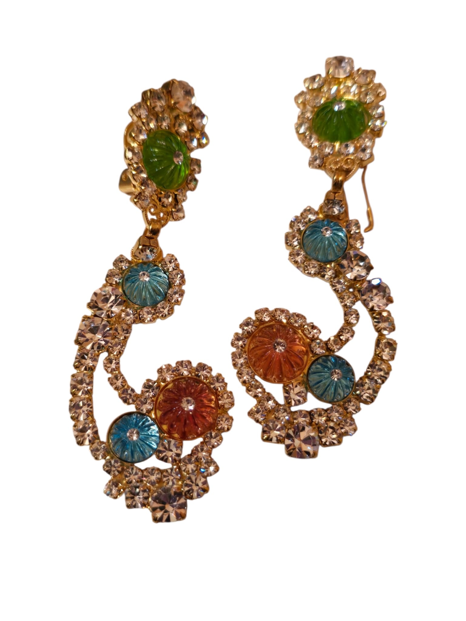SIGNED MOANS COUTURE MELON GLASS AND RHINESTONE CLIP EARRINGS (1 of 7)