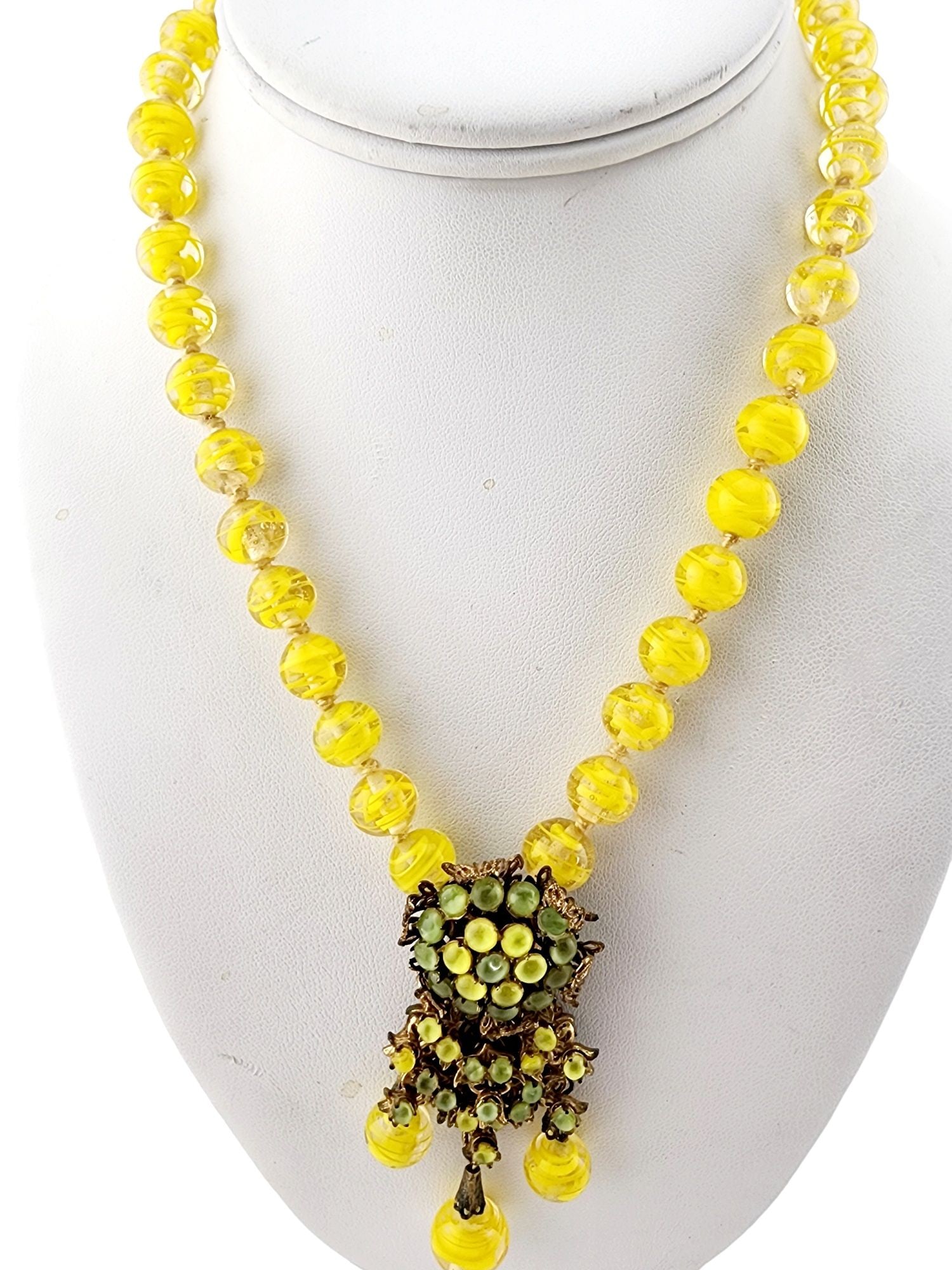 Vintage Unsigned DeMario/Haskell Style All Glass Pendant Necklace: Vintage Unsigned DeMario/Haskell Style All Glass Pendant Necklace (A3345) Size: About 18" Color: Yellow, Green Condition: Good vintage; some verdigris to the back. Signed: None Details: Very well-made
