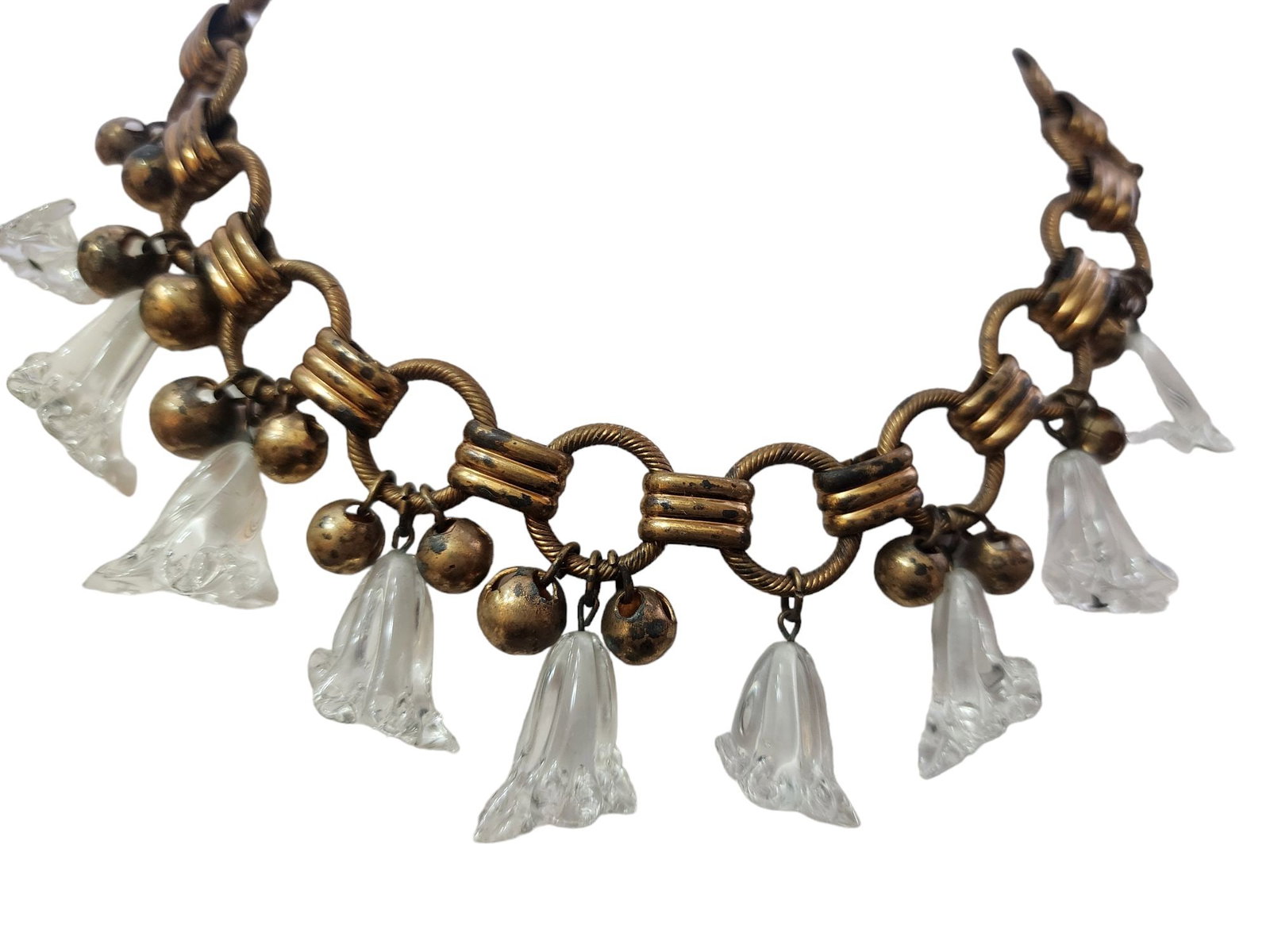 Vintage Haskell Molded Glass Flower & Brass Balls Chain Bib Necklace (1 of 5)