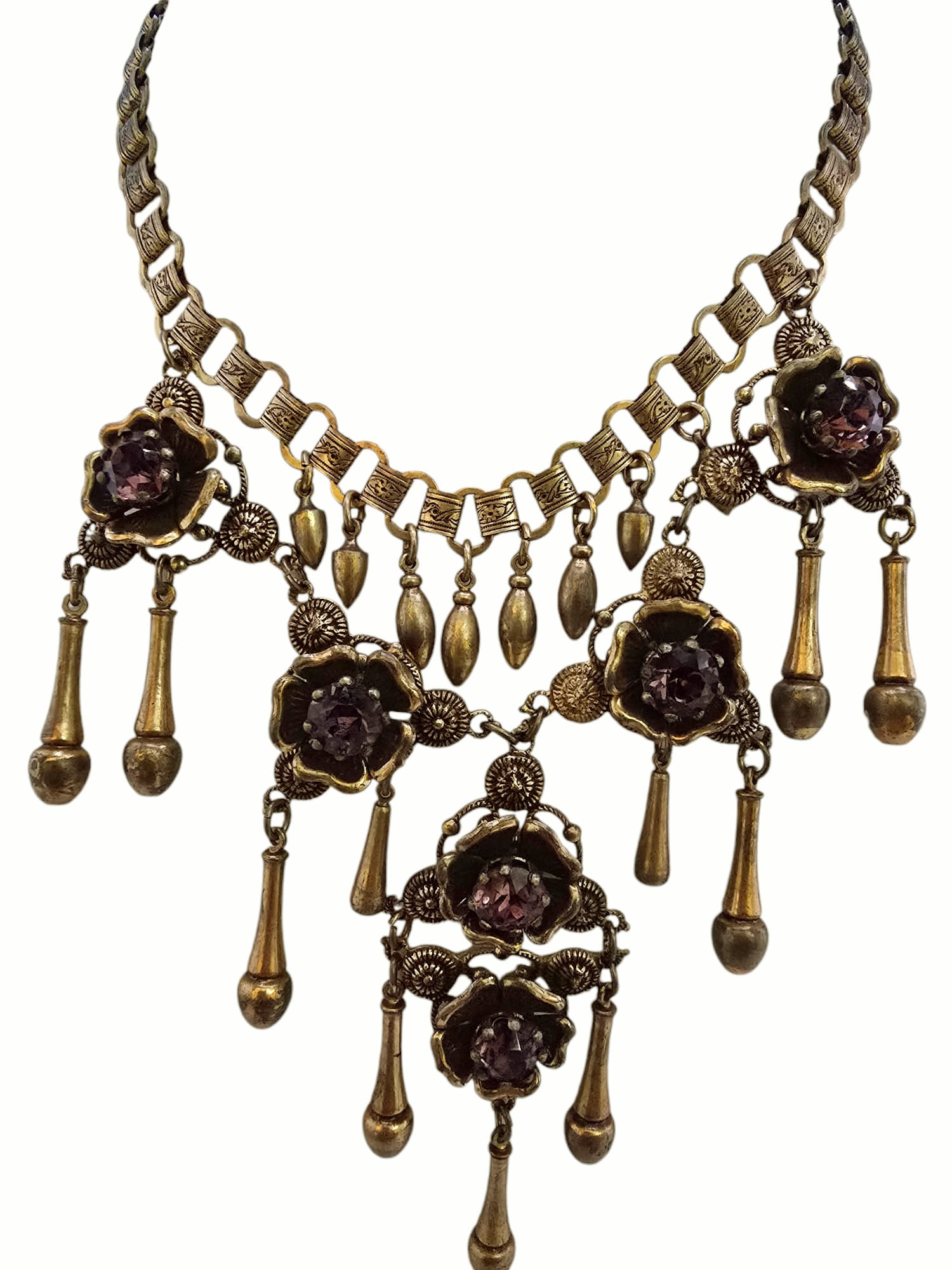 Stunning Etruscan Brass Flower and Glass Dimensional Festoon Necklace Attributed to Early Haskell (1 of 11)