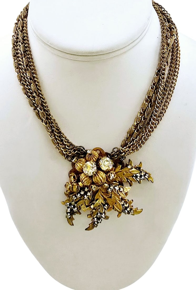 Unsigned Attributed To Haskell Russian Gilt Gold Leaves And Rhinestone Necklace (1 of 11)