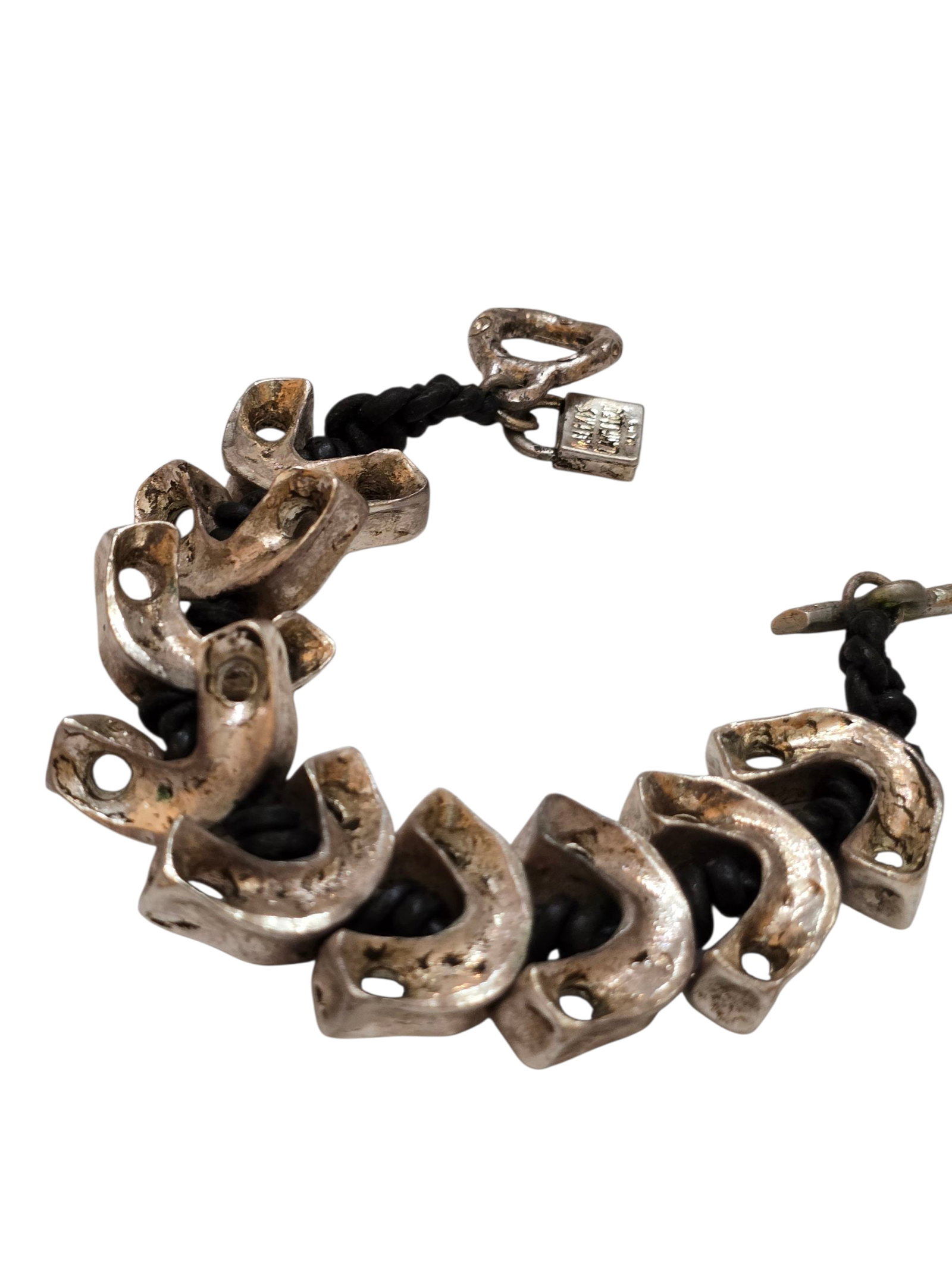 Vintage 80s Alexis Lahellec Paris Super Rare Silver Gilt Leather Silver Bracelet: Vintage 80s Alexis Lahellec Paris Super Rare Heavy Silver Gilt and Leather Silver Bracelet (A9051) In good condition, with some wear to the end jump ring. This piece originally sold for in the 400s in