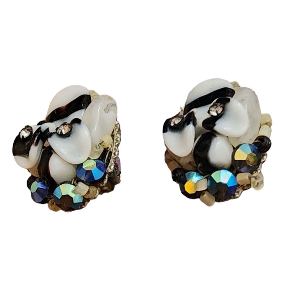 Vintage Haskell Style Black & White Art Glass Crystal Wired Earrings: Vintage Haskell Style Black & White Art Glass Crystal Wired Earrings (A1890) Size: 1.25". Color: Black, white, gray Condition: Good; Some darkening to brass. Signed: None. Details: Beautiful glass. in