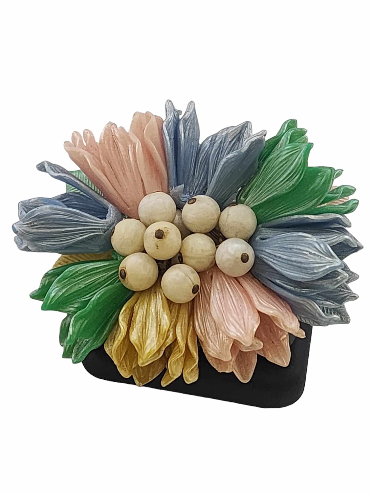 Vintage Unsigned Haskell/Hess Celluloid Flower Brooch: Vintage Unsigned Haskell/Hess Celluloid Flower Brooch (A3768) Size: 3.5" Color: Multicolor Condition: Good vintage; there are 3 damaged, missing part flowers. Signed: None Details: The center beads ar