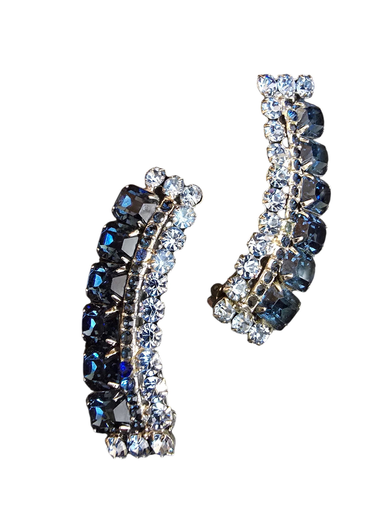 Vintage Juliana 2 Tone Rhinestone Ear Climber Earrings: Vintage Juliana 2-Tone Rhinestone Ear Climber Earrings (A9298) Size: approx. 2.25? Color: Blue, Clear Condition: Very Good Condition Signed: None Details: Nice shines to the stone