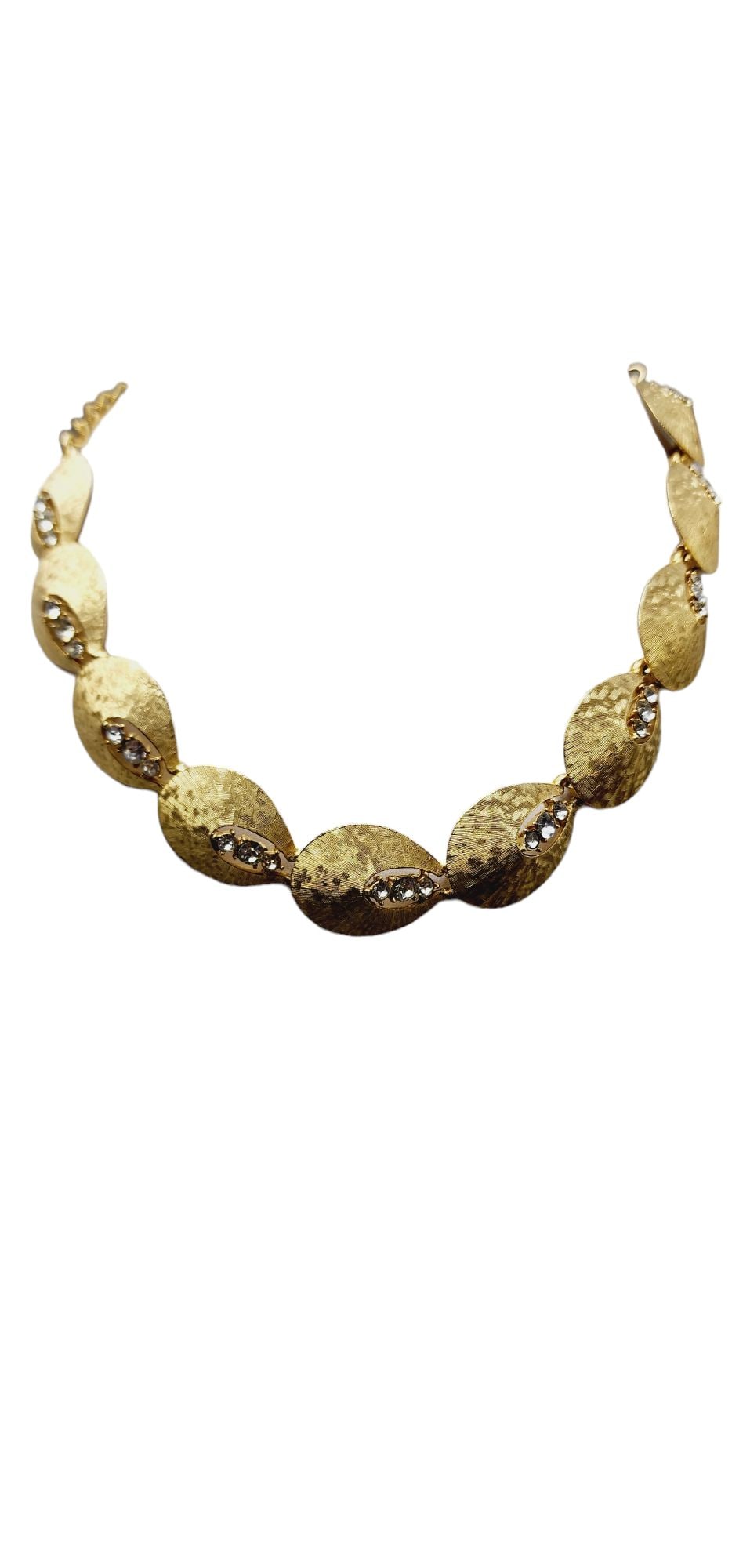 Vintage Signed ART - Arthur Pepper Brushed Gold & Rhinestone Necklace: Vintage Signed ART - Arthur Pepper Brushed Gold & Rhinestone Necklace. End chain is a little bit tarnished. Very good vintage. Approx. 17"