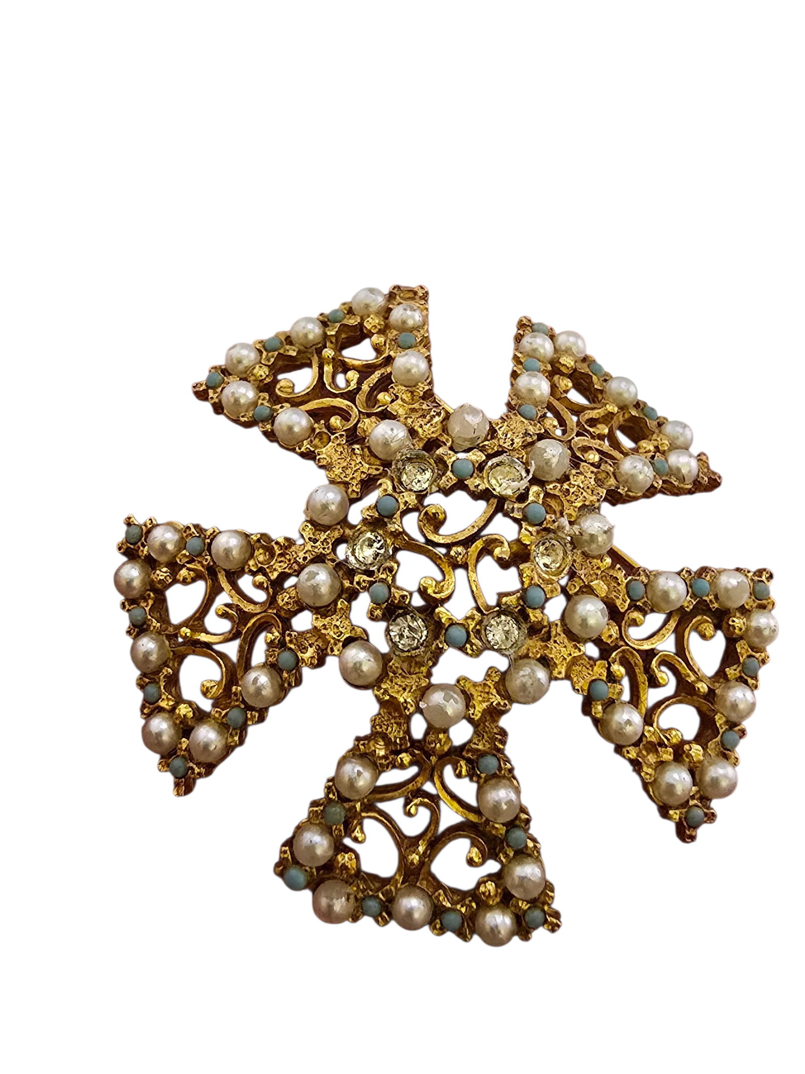 Vintage Signed Florenza Pearl Maltese Cross Brooch (1 of 4)